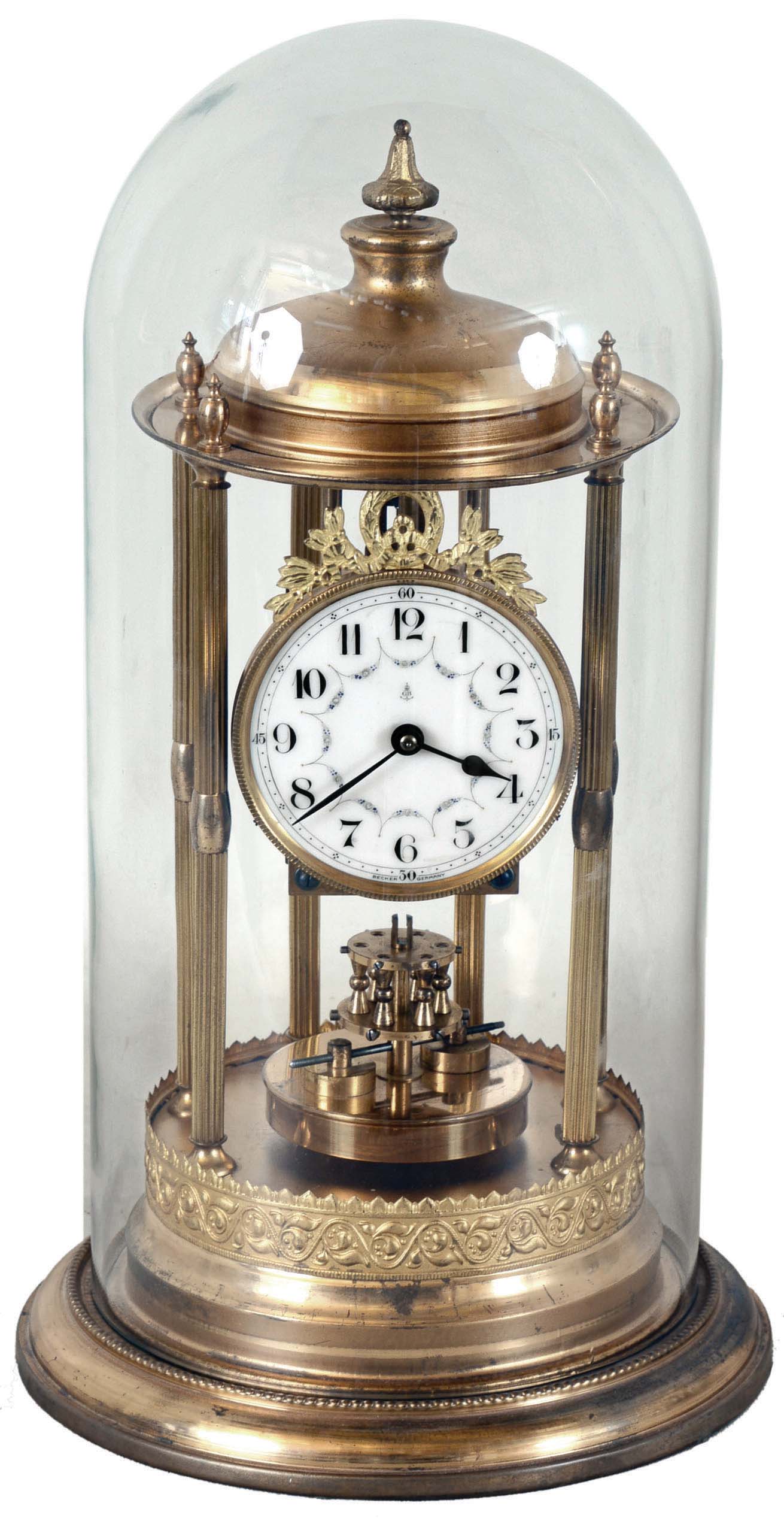 Gustav Becker, Germany Louvre style 400 day anniversary clock, spring driven torsion pendulum movement in a polished brass case under dome. — Antique Clocks Price Guide