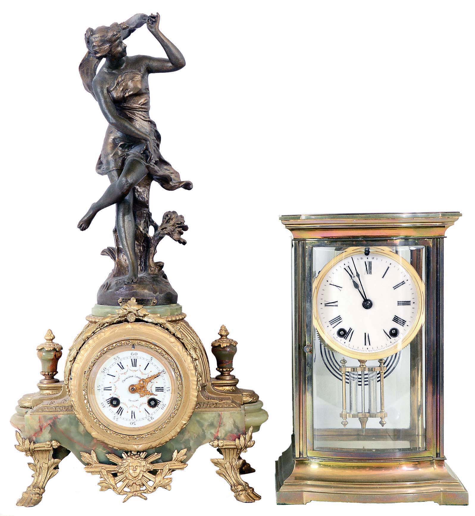 Clocks- 2 (Two): (1) Ansonia Clock Co., New York, NY, "Roy", 8 day, time and strike spring brass movement crystal regulator shelf clock, c1914. (2) French, Japy Freres, 8 day, time and strike spring brass movement figural mantel clock. c.1900 — Antique Clocks Price Guide