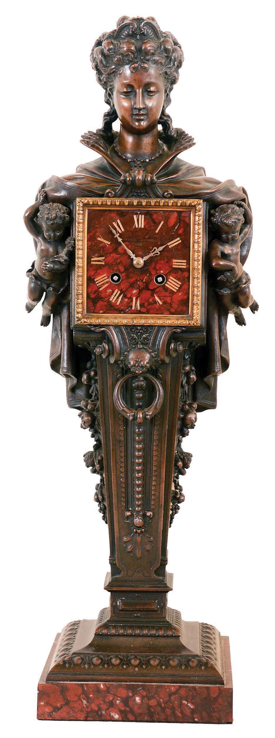 French, Blot &amp; Drouard, Paris, 8 day, time and strike spring brass movement spelter case with a bronze finish figural mantel clock. Red marble dial reads "Exposition Universalle 1878, Paris". — Antique Clocks Price Guide