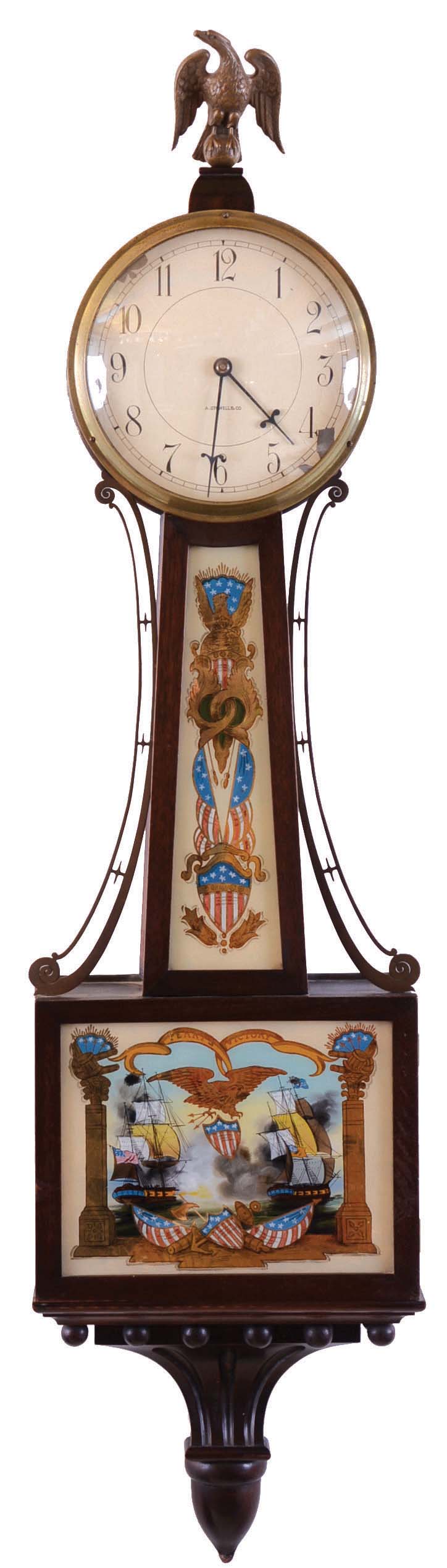 Waltham Watch Co., Waltham, Mass. 8 day, spring lever movement patent or banjo timepiece retailed by A. Stowell &amp; Co. Case is stamped "84" — Antique Clocks Price Guide