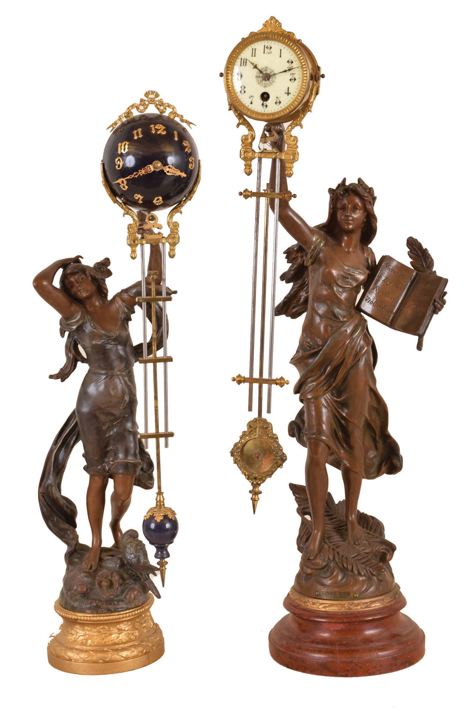 Swingers- 2 (Two) French with female figures supporting the clocks: one with spherical case, the other with canister each containing an 8 day, timepiece movement — Antique Clocks Price Guide