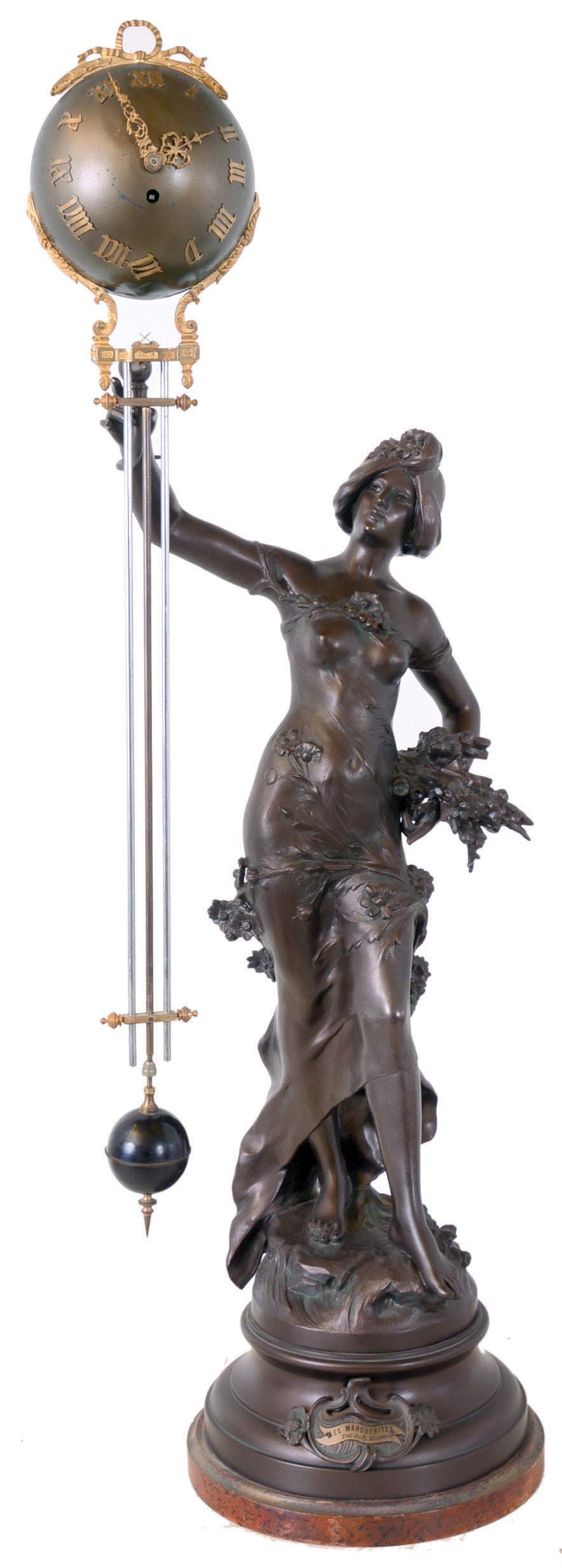 France, large mysterious ball swing clock, 8 days, time only, spring driven movement in extra long 35in grid 'pendulum' arm held aloft by the outstretched arm of "Les Marguerites", statue resting a marbleized wooden base. The statue and plaque bear the name of Aug. Moreau sculpture, — Antique Clocks Price Guide