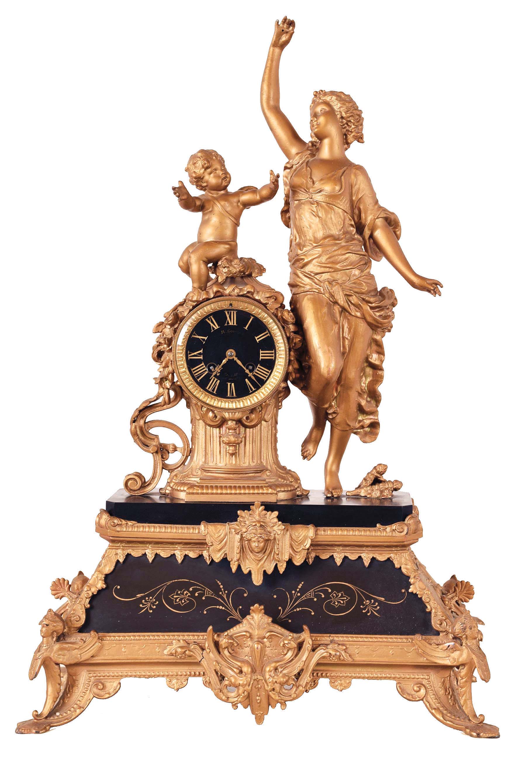 France, figural mantel clock, ,ornate, cast case with inset slate panel and top, supporting the two figures and clock case, Roman numeral black slate dial, gilt hands, 8 day time and strike pendule a Paris movement — Antique Clocks Price Guide