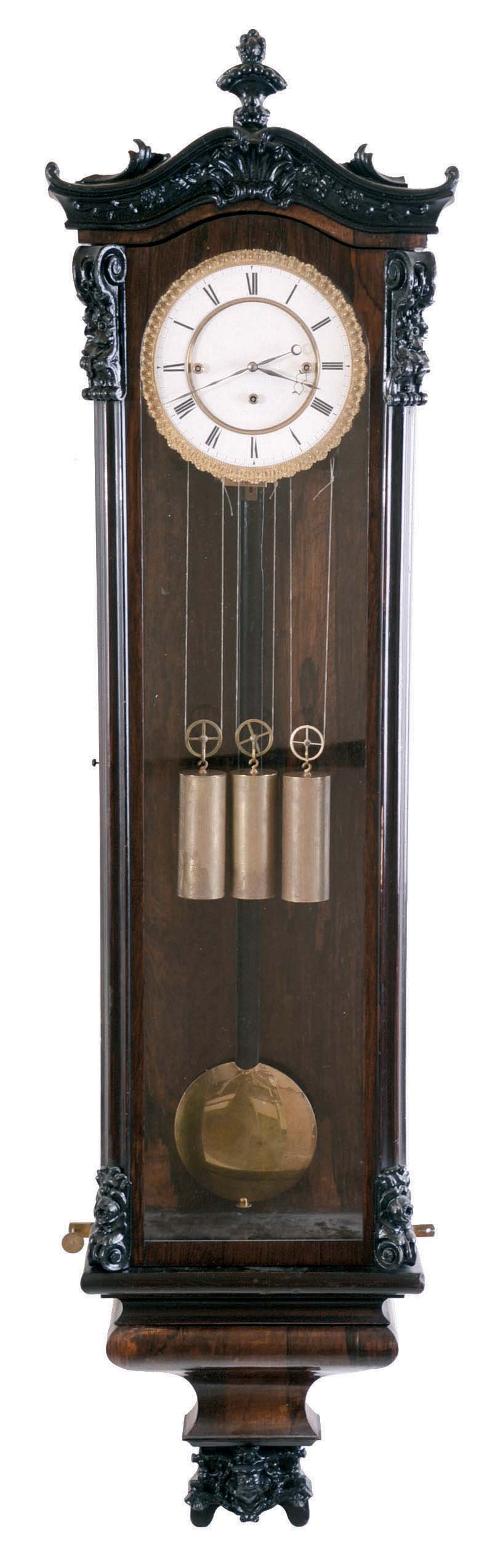 Austrian, late Biedermeier, 3-weight Grand Sonnerie "Vienna Regulator" in a rosewood veneer case, with cast accents to door, tail and case top. — Antique Clocks Price Guide