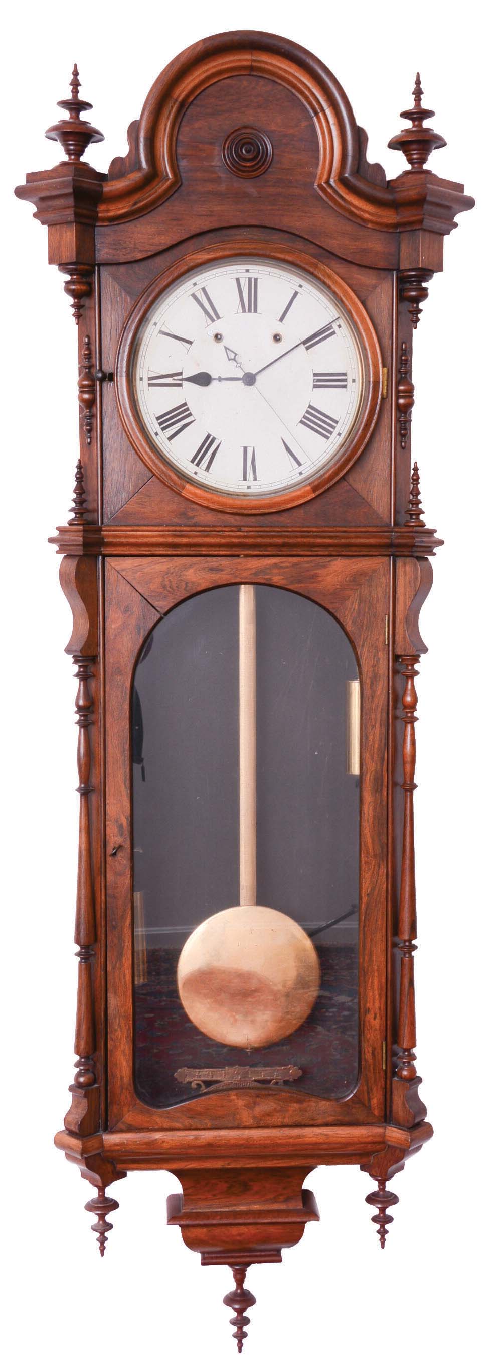 Welch, Spring, &amp; Co., Forestville, Conn., "Regulator No. 1", jeweler's regulator 8 day double weight wall timepiece with a rosewood veneered case with a 12 inch painted metal dial. — Antique Clocks Price Guide
