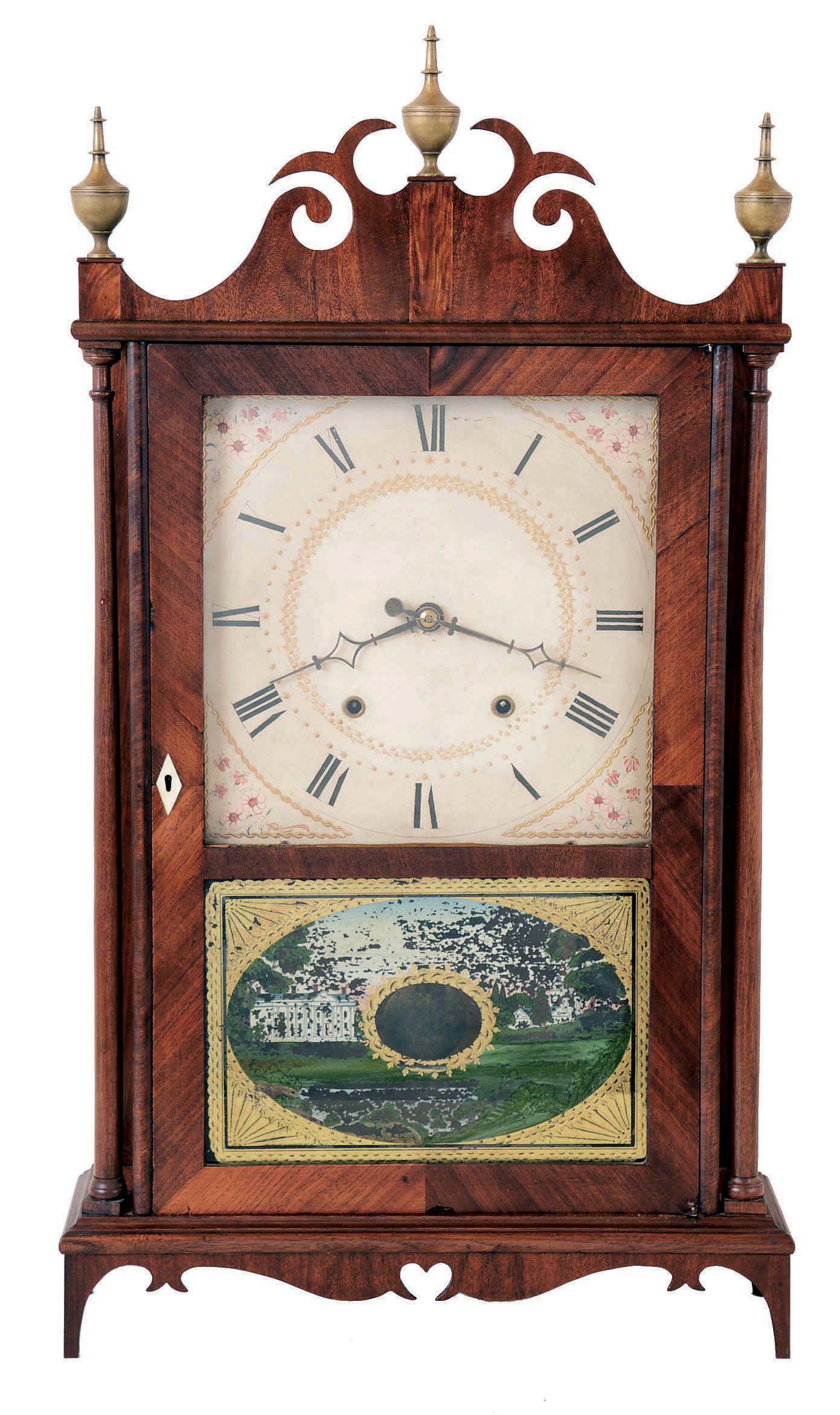 Eli &amp; Samuel Terry, Plymouth Hollow, Conn., 30 hour, time and strike weight driven wood movement pillar &amp; scroll shelf clock. — Antique Clocks Price Guide