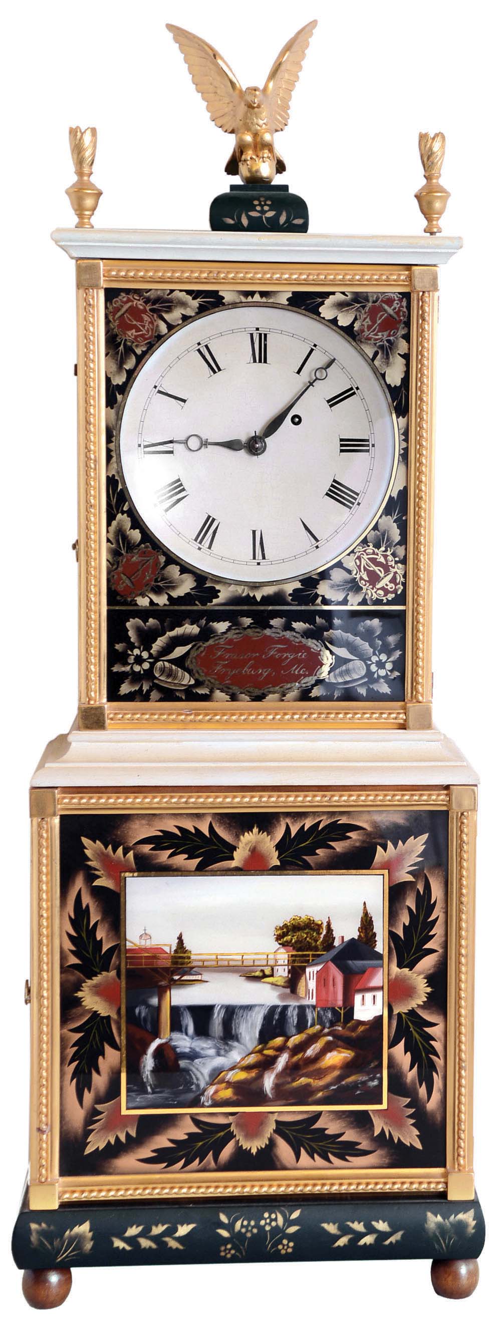 Fraser Forgie, Fryeburg, ME, 8 day, weight brass timepiece movement bride's model Massachusetts shelf clock. — Antique Clocks Price Guide