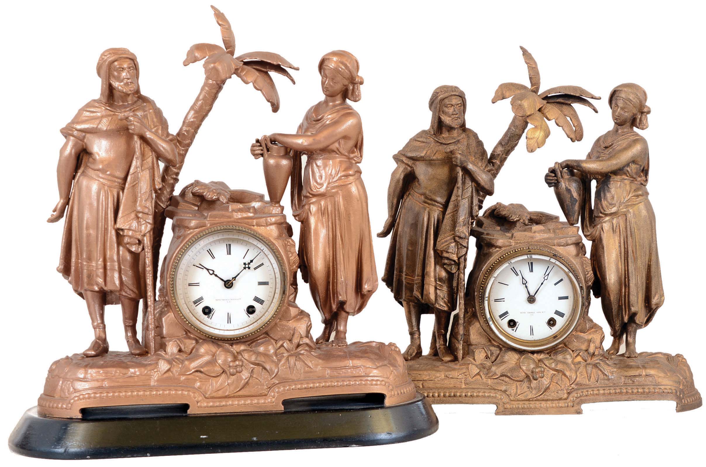 Clocks- 2 (Two): Seth Thomas' Sons &amp; Co., New York, "Rebecca at the Well" 15 day, time and strike, figural mantel clocks, one on painted stone base/ — Antique Clocks Price Guide