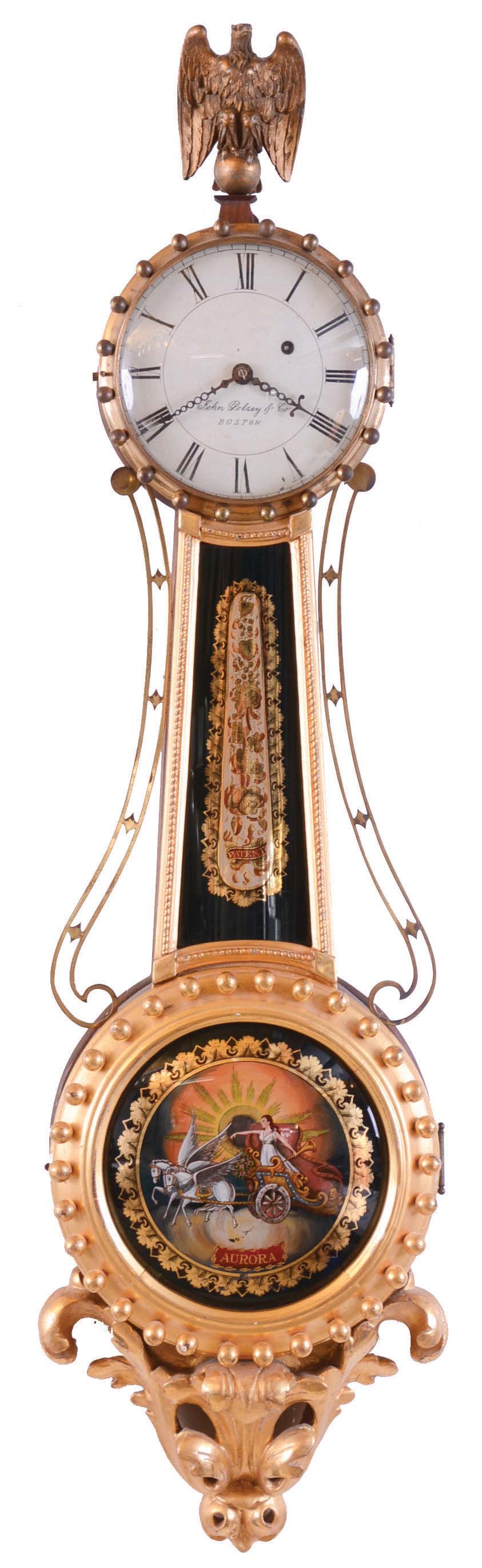 "Girandole" wall timepiece with dial signed John Polsey &amp; Co., Boston, Mass., 8 day, weight driven brass movement. — Antique Clocks Price Guide