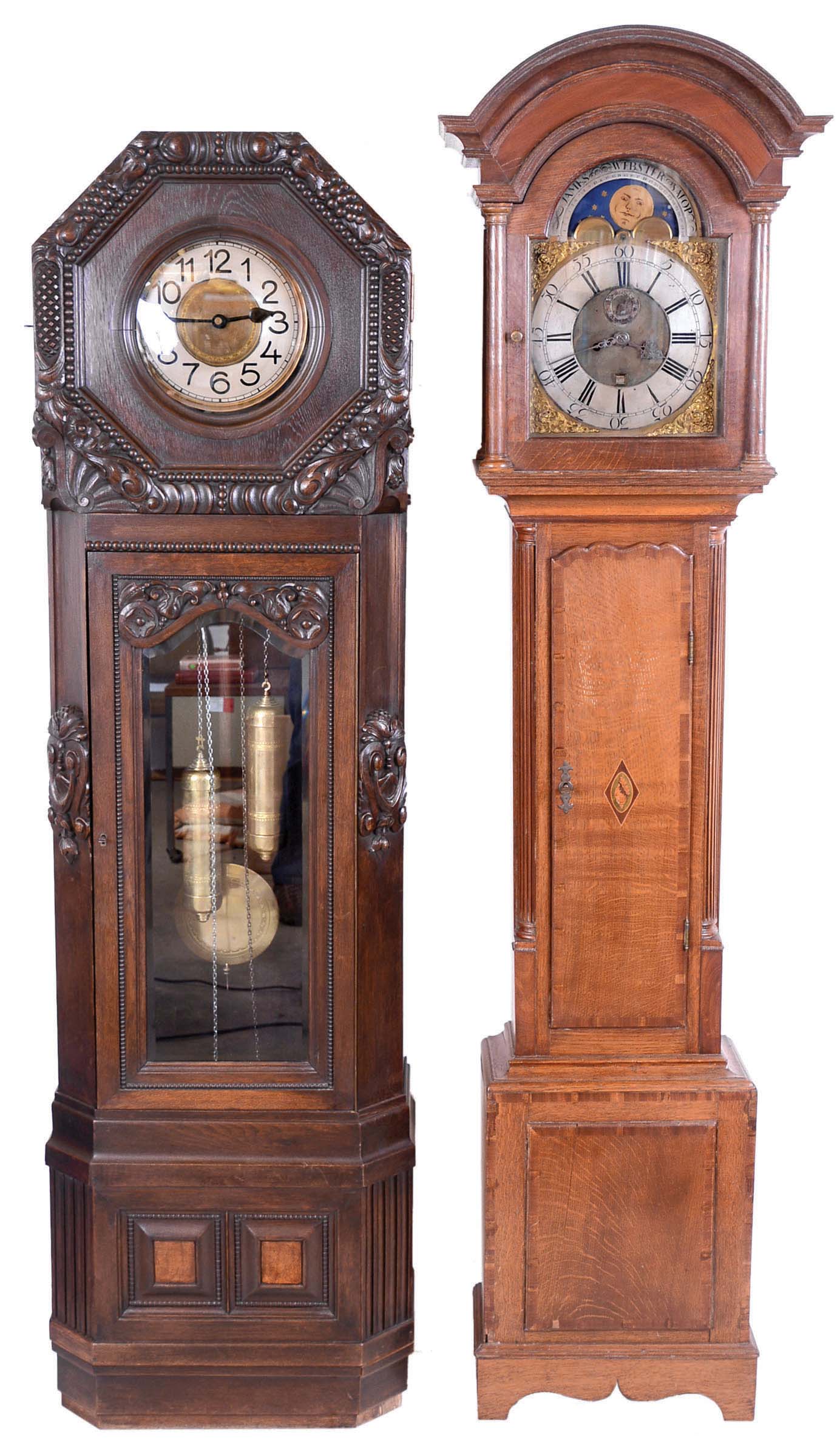 Tall clocks- 2 (Two) European: (1) James Webster, Salop, England, 8 day, time and strike in an oak case with conch shell cartouche and brass dial with maker's signature on silvered arch above moon phase and silvered chapter ring, circa 1770; (2) Germany, 8 days, time and strike two brass weight driven movement in an Art Deco oak case, c1920. — Antique Clocks Price Guide