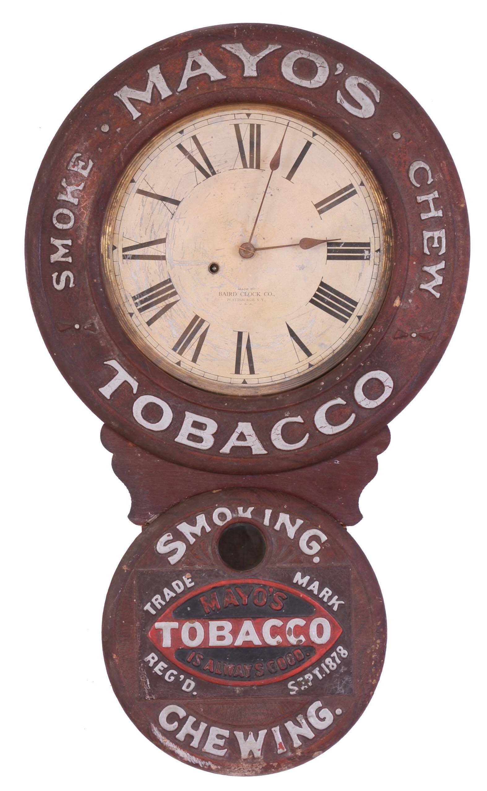 Baird Clock Manufacturing Co., Plattsburgh, New York, "Smoke Mayo's Chew", 8 day, spring brass movement wall timepiece. — Antique Clocks Price Guide