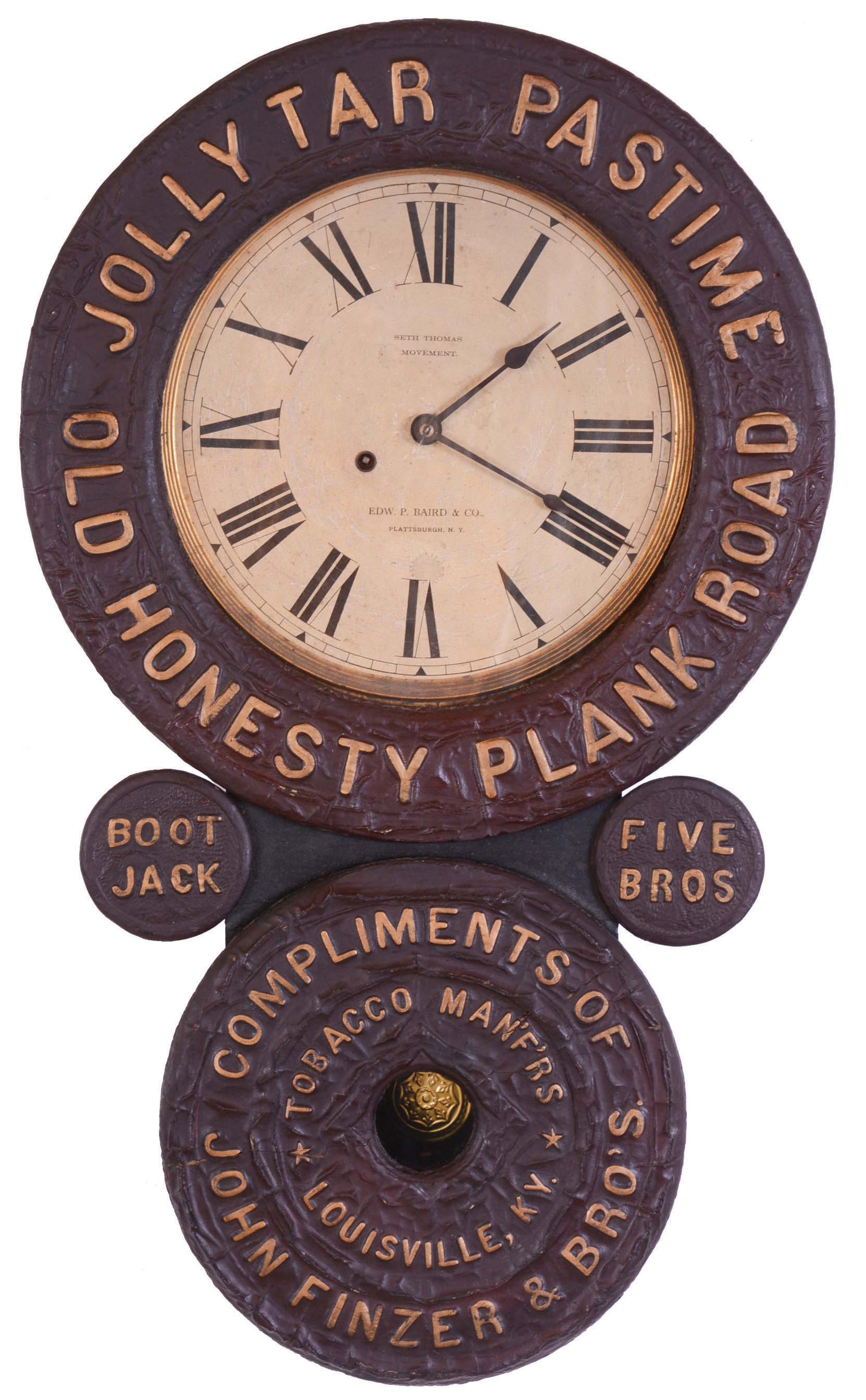 Edward P. Baird, Plattsburgh, New York, "Jolly Time Pastime", 8 day, spring brass movement advertising timepiece. — Antique Clocks Price Guide