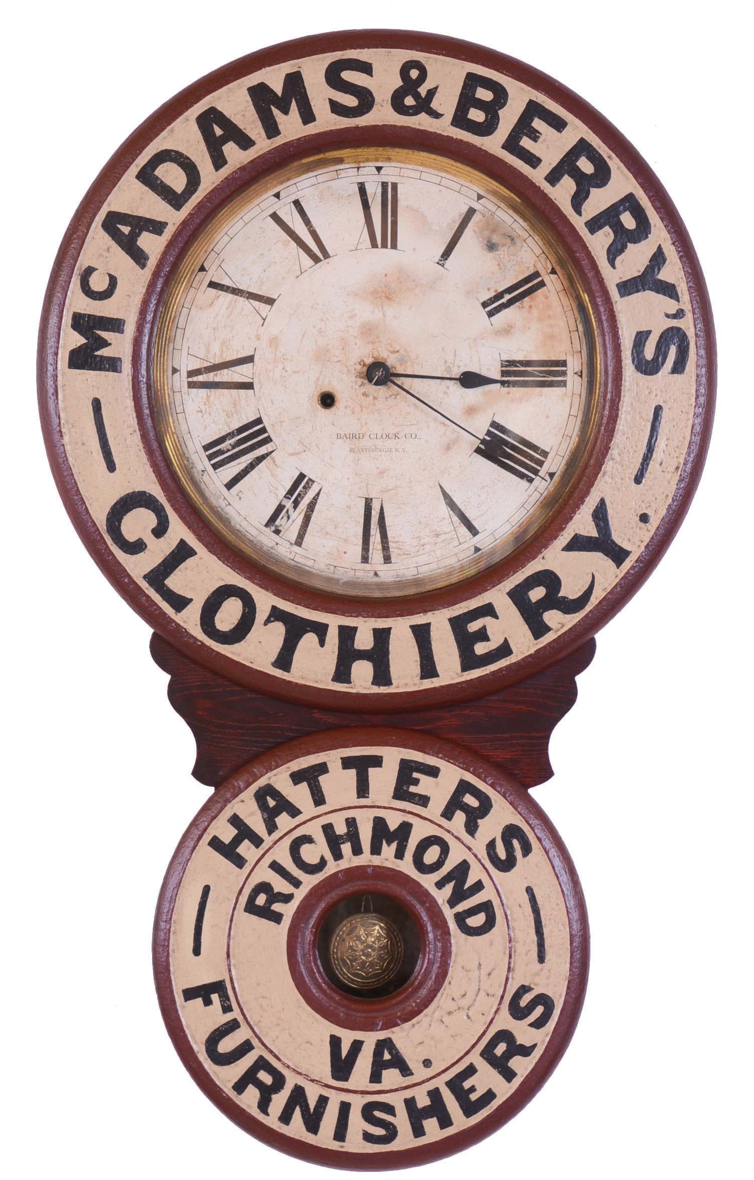 Baird Clock Co., Plattsburgh, New York, "McAdams &amp; Berry's Clothiery", 8 day, spring brass movement advertising wall timepiece. — Antique Clocks Price Guide