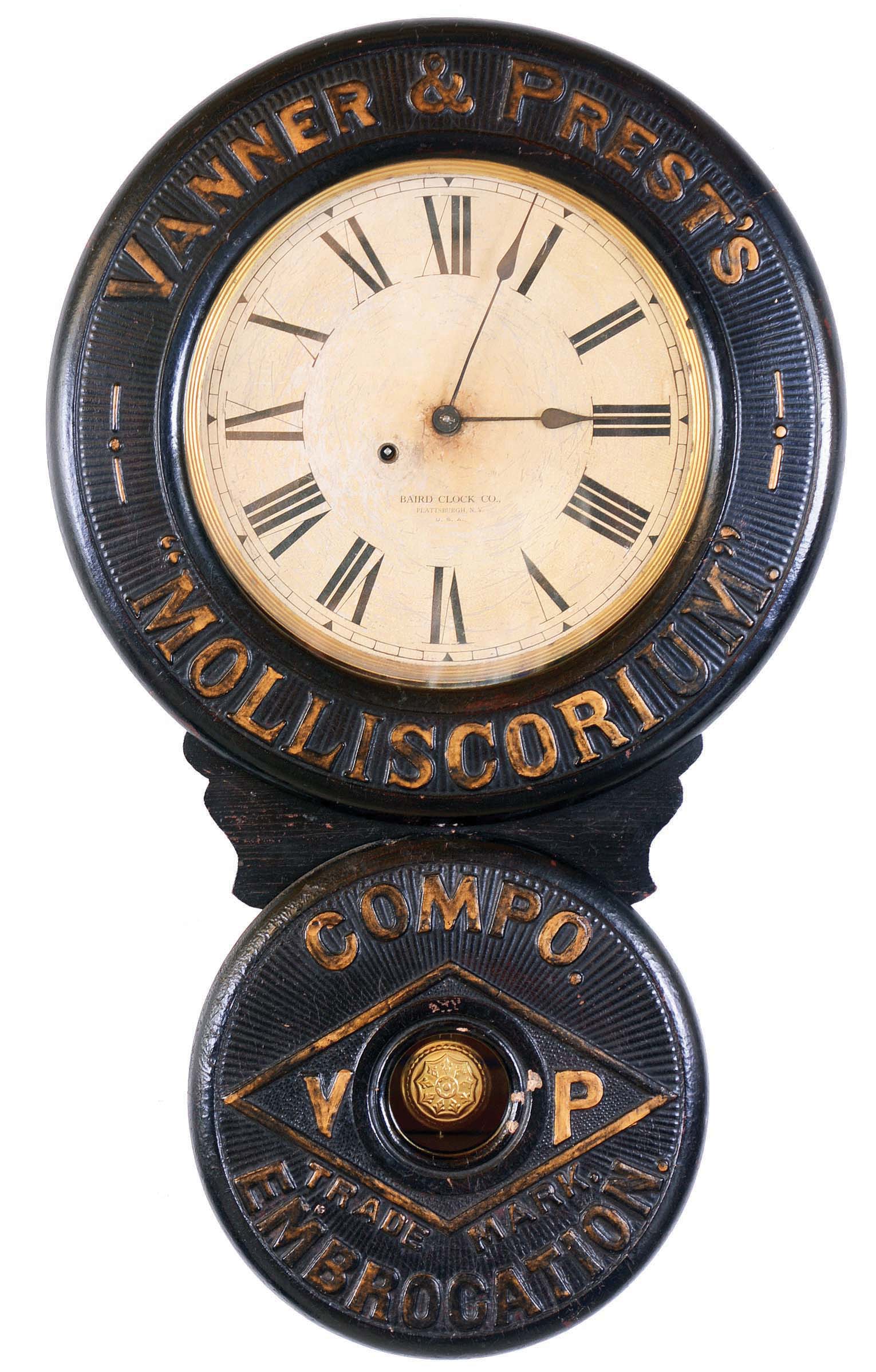 Baird Clock Co., Plattsburgh, New York, "Vanner &amp; Prest's Molliscorium", 8 day, spring brass movement advertising wall timepiece. — Antique Clocks Price Guide