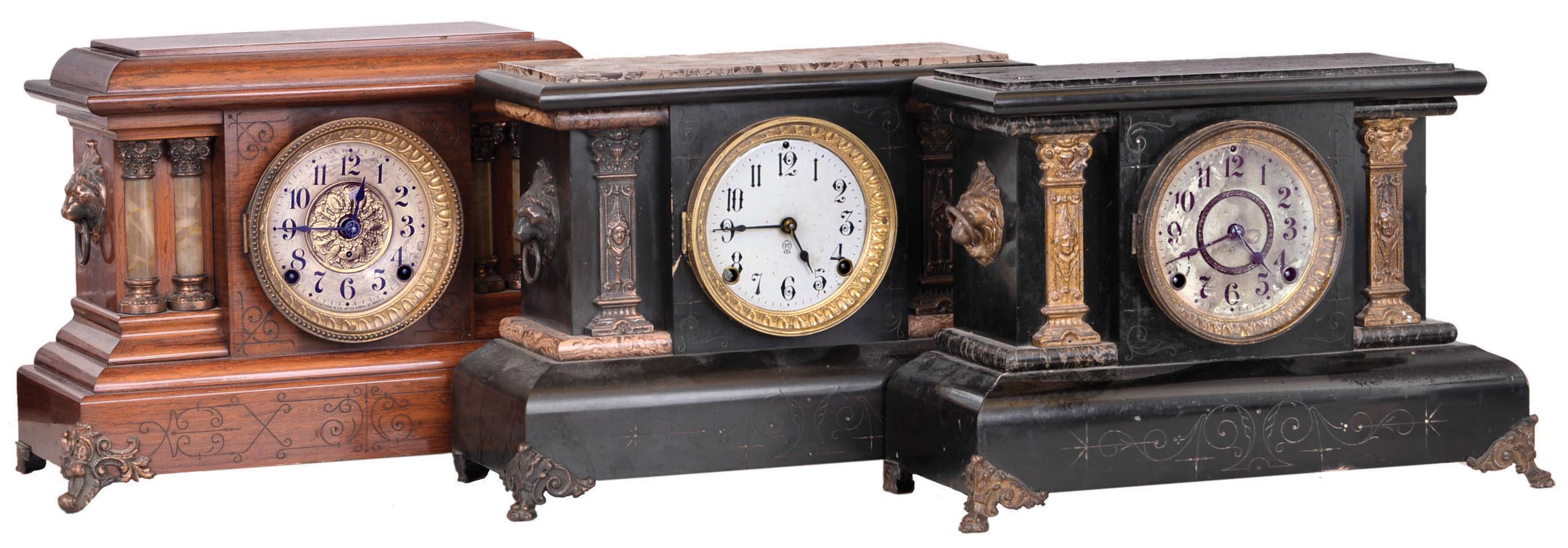 Clocks- 3 (Three): (1) Seth Thomas Clock Co., Thomaston, Conn., 8 day, time and strike spring brass movement adamantine mantel clock. (2) Seth Thomas Clock Co., 8 day, time and strike spring brass movement adamantine mantel clock. (3) Seth Thomas Clock Co., 8 day, time and strike spring brass movement adamantine mantel clock. — Antique Clocks Price Guide