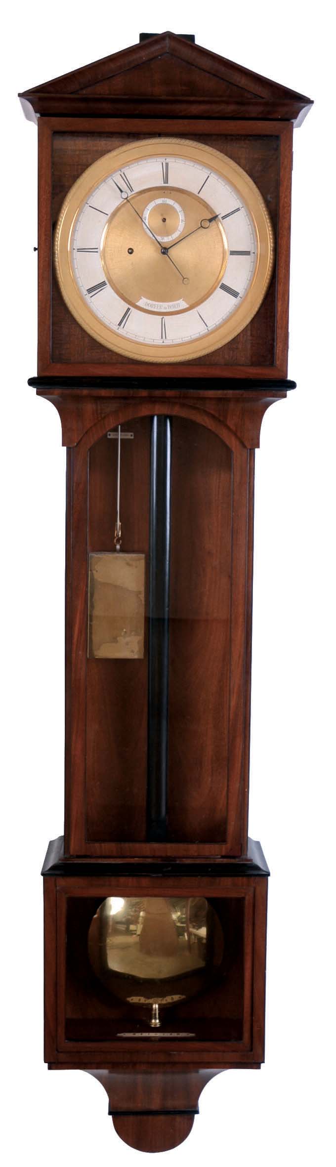 Dorfer in Wien, "Laterndluhr" wall clock. Glazed mahogany and mahogany veneer case with ebonized moldings, gilt engine turned bezel, signed Roman numeral silvered dial with gilt, engine turned center, blued steel Breguet style hands, unusual 30 day timepiece movement consisting of a single, round plate, the wheels pivoted between this plate and individual cocks, deadbeat escapement, maintaining power, and steel coquerets on all mobiles, seconds beating brass clad pendulum with ebonized wooden rod, rectangular brass clad weight — Antique Clocks Price Guide