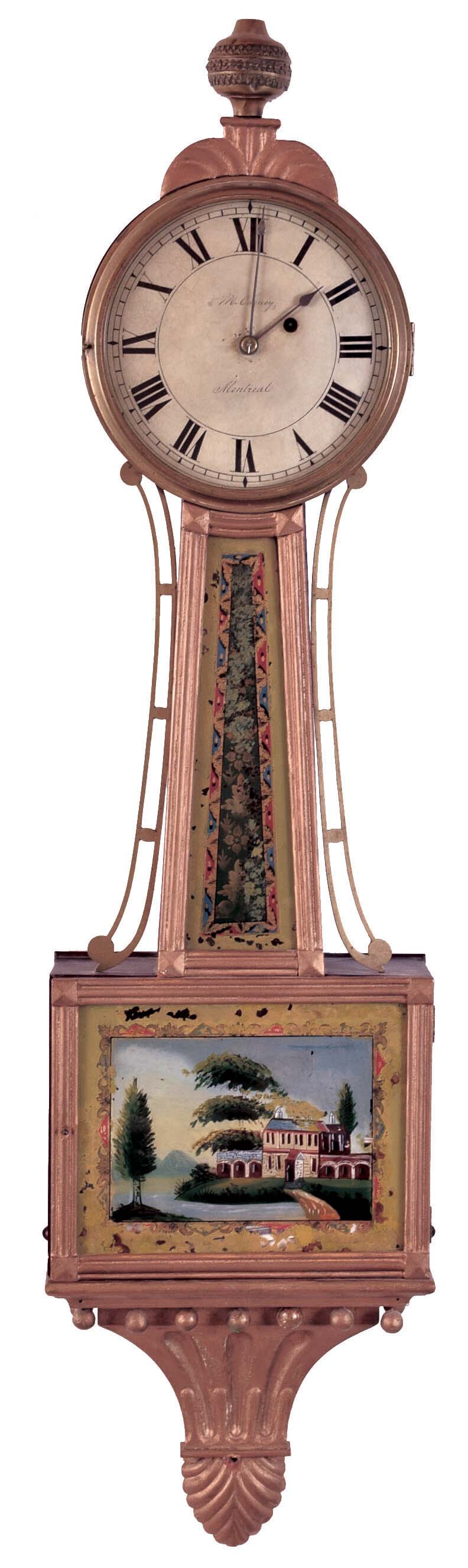 M. (Martin) Cheney, Montreal, [Canada], 8 day, weight brass movement Patent or Banjo wall timepiece. — Antique Clocks Price Guide