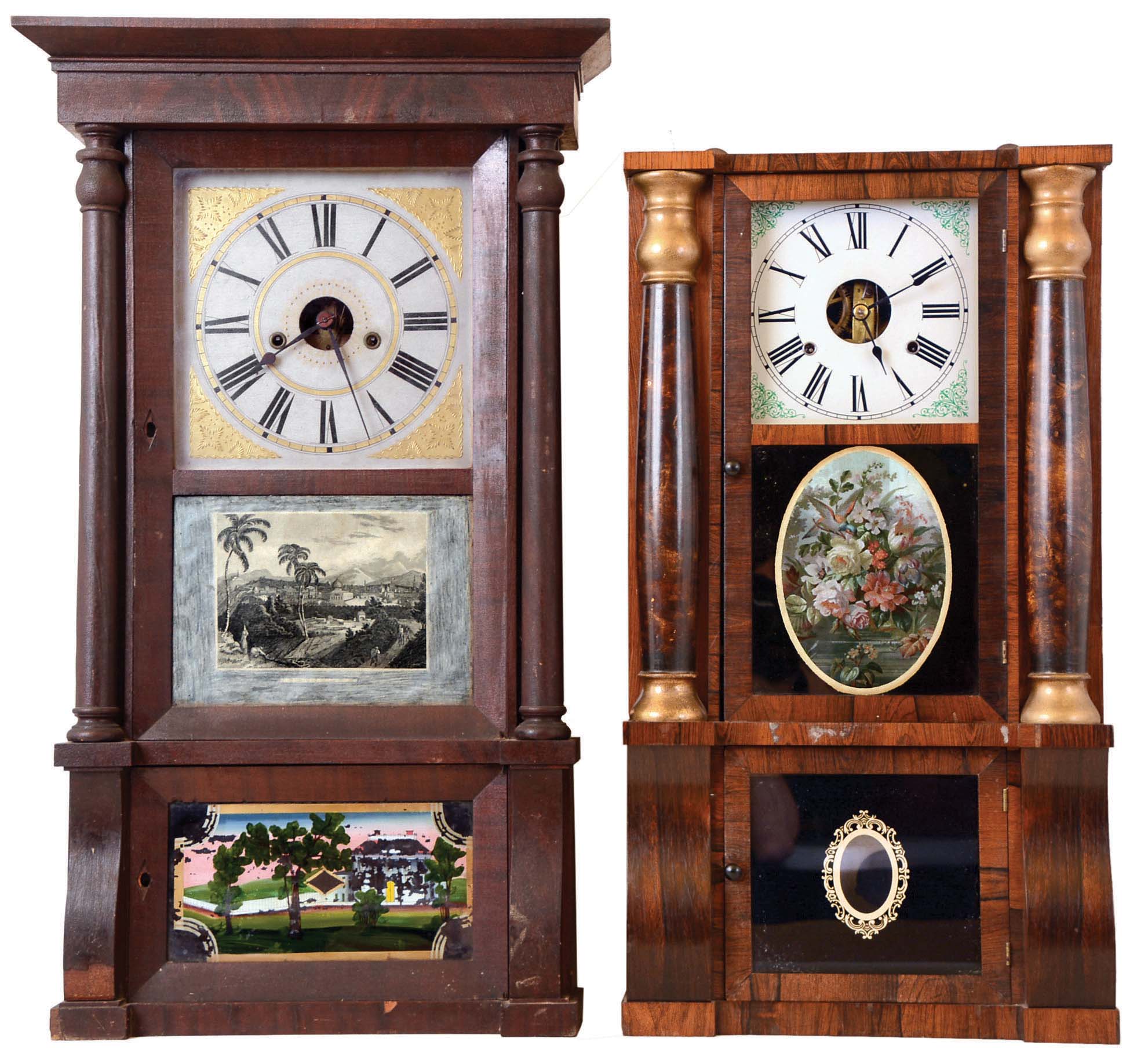 Clocks- 2 (Two): (1) Seth Thomas, Thomaston, Conn., 8 day, time and strike weight brass movement "Shell Column" &amp; cornice shelf clock. c1870 (2) Forestville Manufacturing Co., Bristol, Conn., 8 days, time and strike weight brass movement column &amp; Cornice shelf clock. c 1837 — Antique Clocks Price Guide