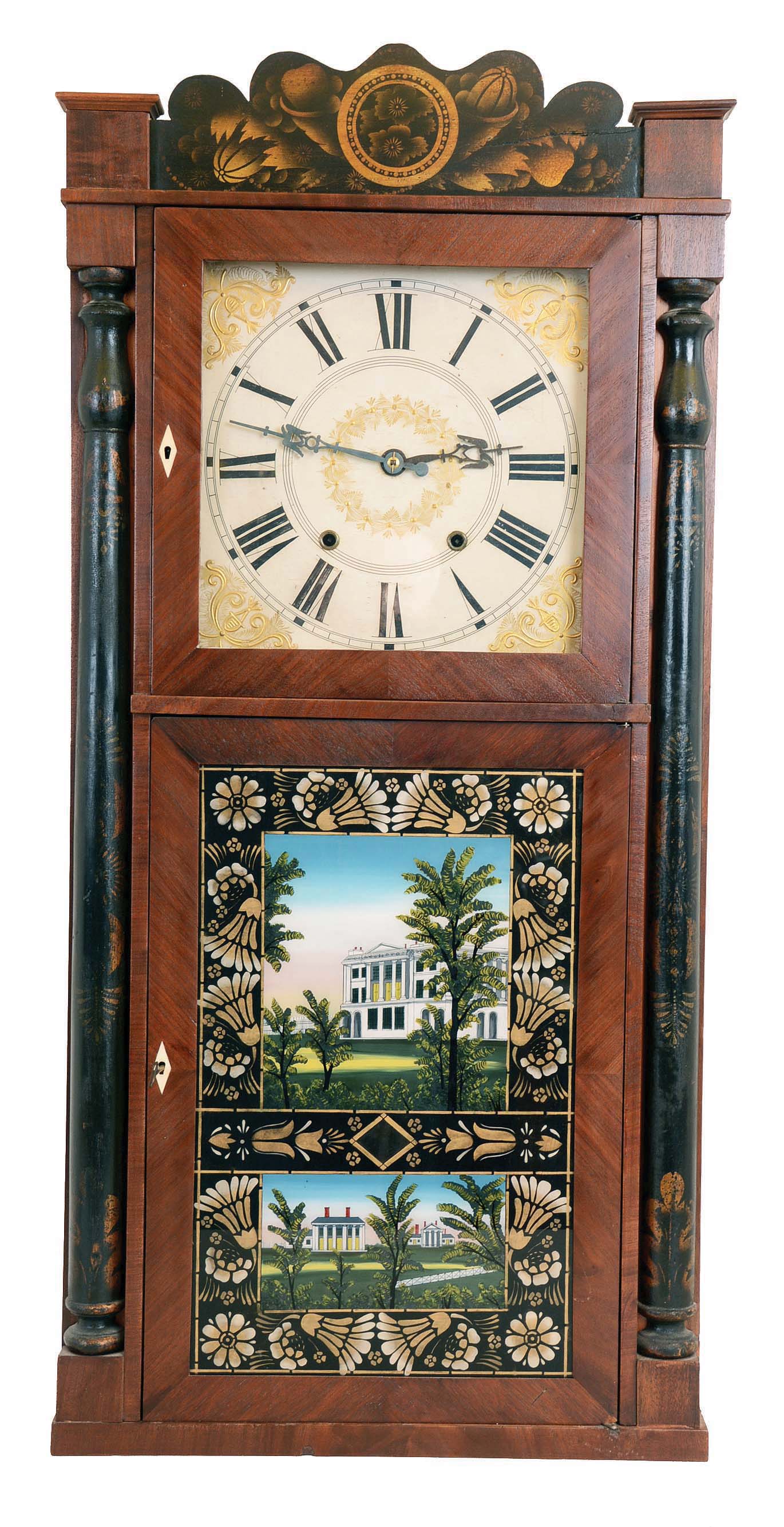 George Marsh &amp; Co., Farmington, Conn., 8 das, time and strike weight wood movement half column &amp; splat shelf clock. — Antique Clocks Price Guide