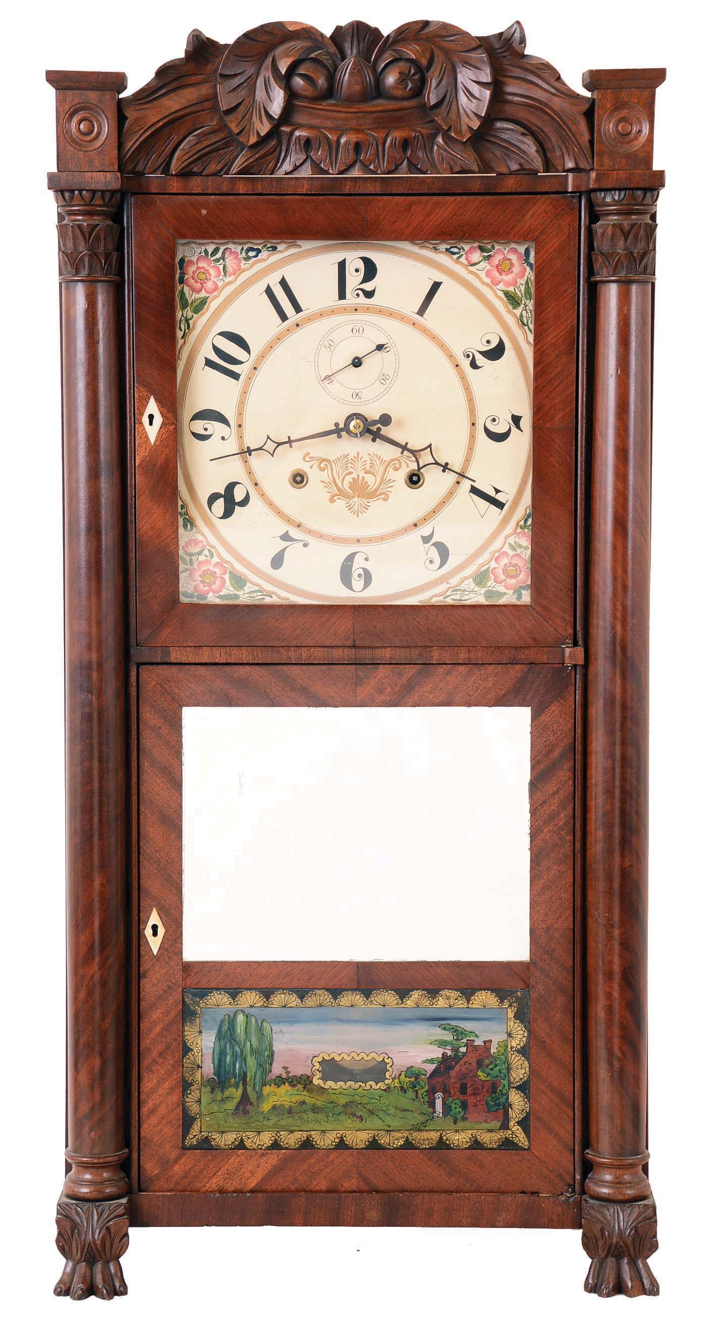Seth Thomas, Plymouth Hollow, Conn., 8 day, time and strike weight wood movement half column &amp; carved splat shelf clock. — Antique Clocks Price Guide