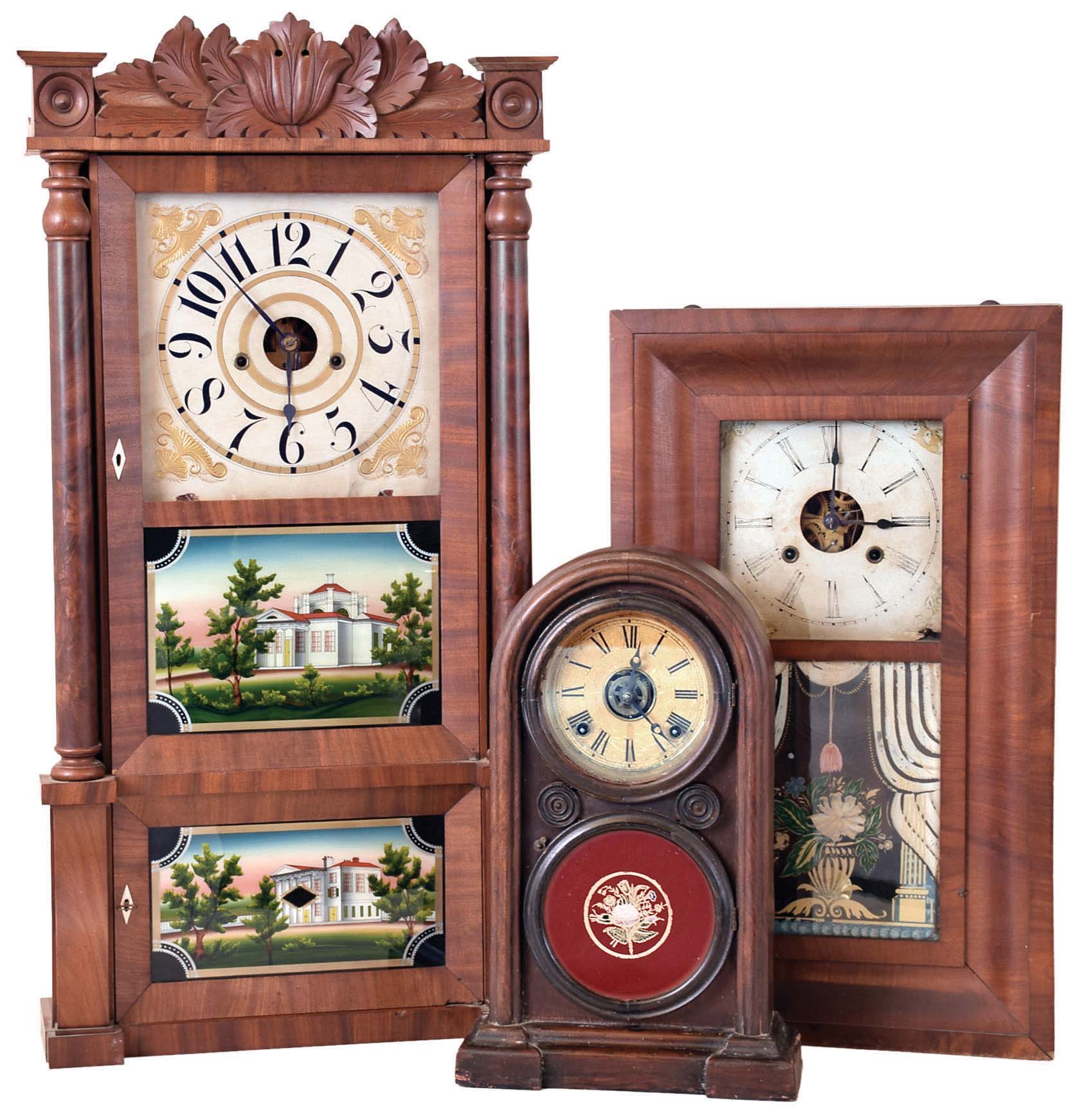 Clocks- 3 (Three) American Shelf: (1) E. Ingraham &amp; Co,, Bristol, Conn., 8 day "Venetian" with alarm, c1890. (2) Unknown, 30 hour OG with nice William B. Fenn tablet, 1850. (3) Forestville Mfg. Co., Bristol, Conn., 8 day weight-driven double door Empire shelf clock, mahogany case with carved splat. c1935 — Antique Clocks Price Guide