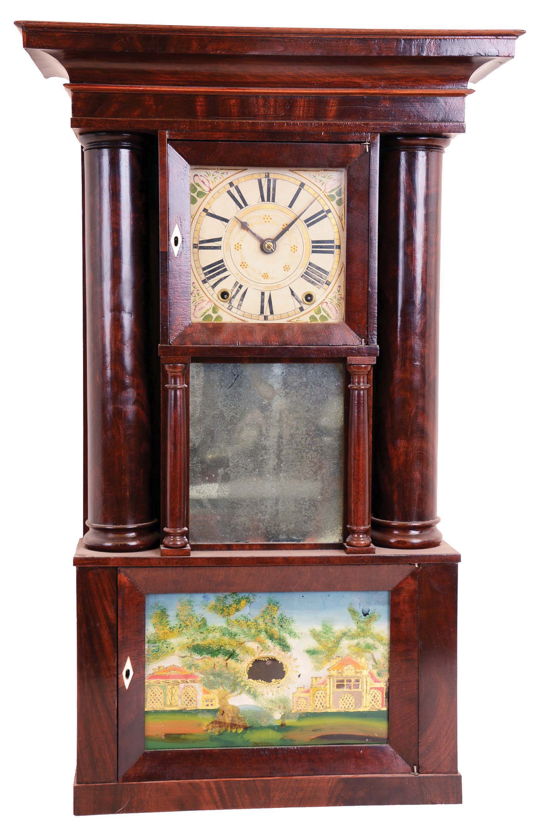 E. &amp; G.W. Bartholomew, Bristol, Conn., 30 hour, time and strike weight wood movement hollow column shelf clock. — Antique Clocks Price Guide