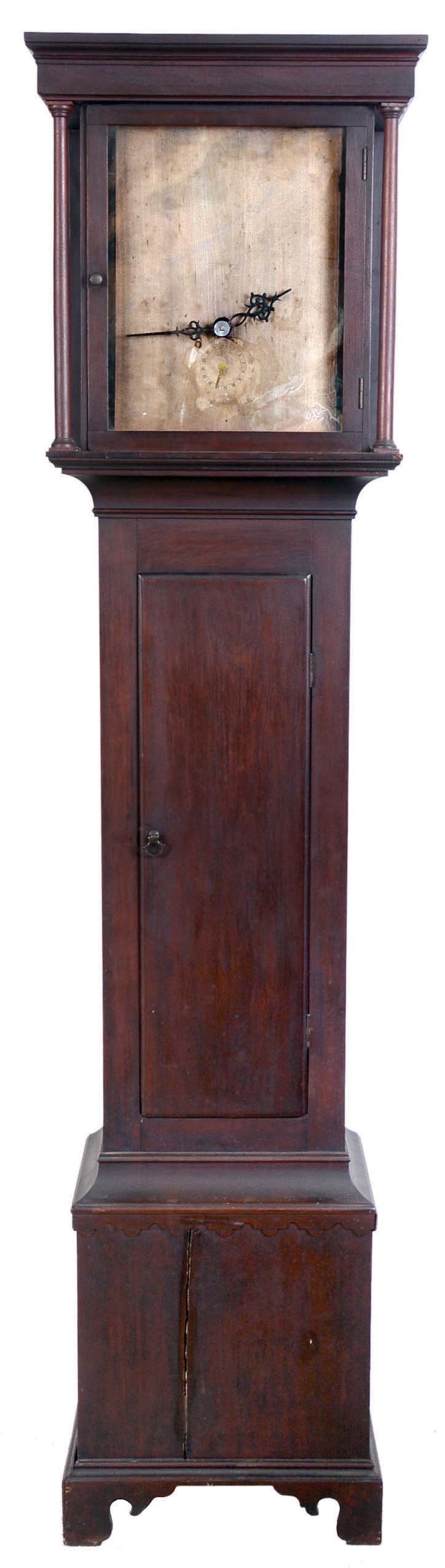 Joseph Ives or Amasa Ives, Jr. &amp; Co., Bristol, Conn., flat top tall case clock, 8 day, time and strike, two weight driven wooden movement roller pinions in a pine case with full columns flanking hood door, scallop molding on top of Chippendale style bracket base and blank dial plate — Antique Clocks Price Guide