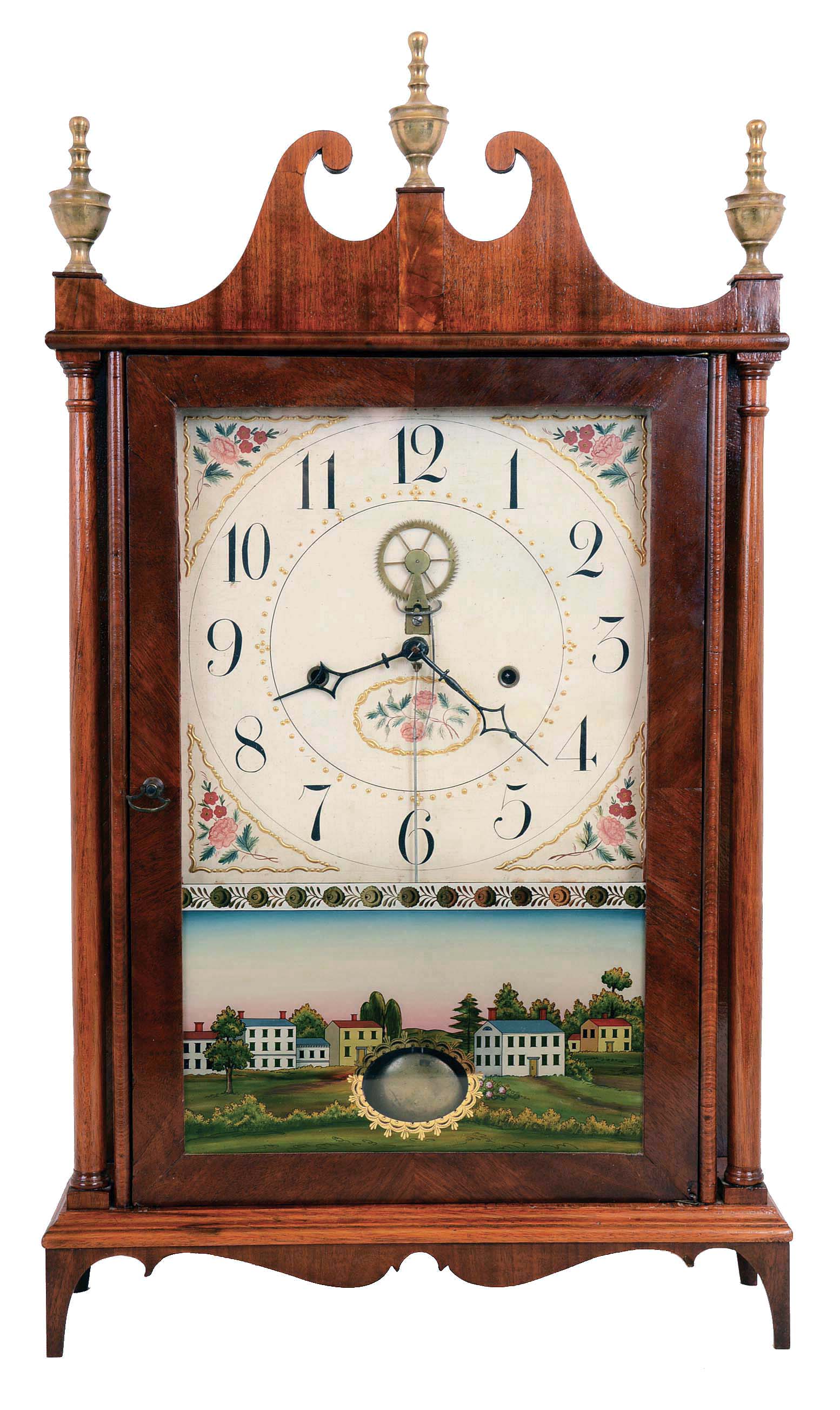 Eli Terry, Plymouth Hollow, Conn., "Pre-Model-3 D", 30 hour, time and strike weight wood movement "outside escape" pillar &amp; scroll shelf clock with rack and snail strike. — Antique Clocks Price Guide