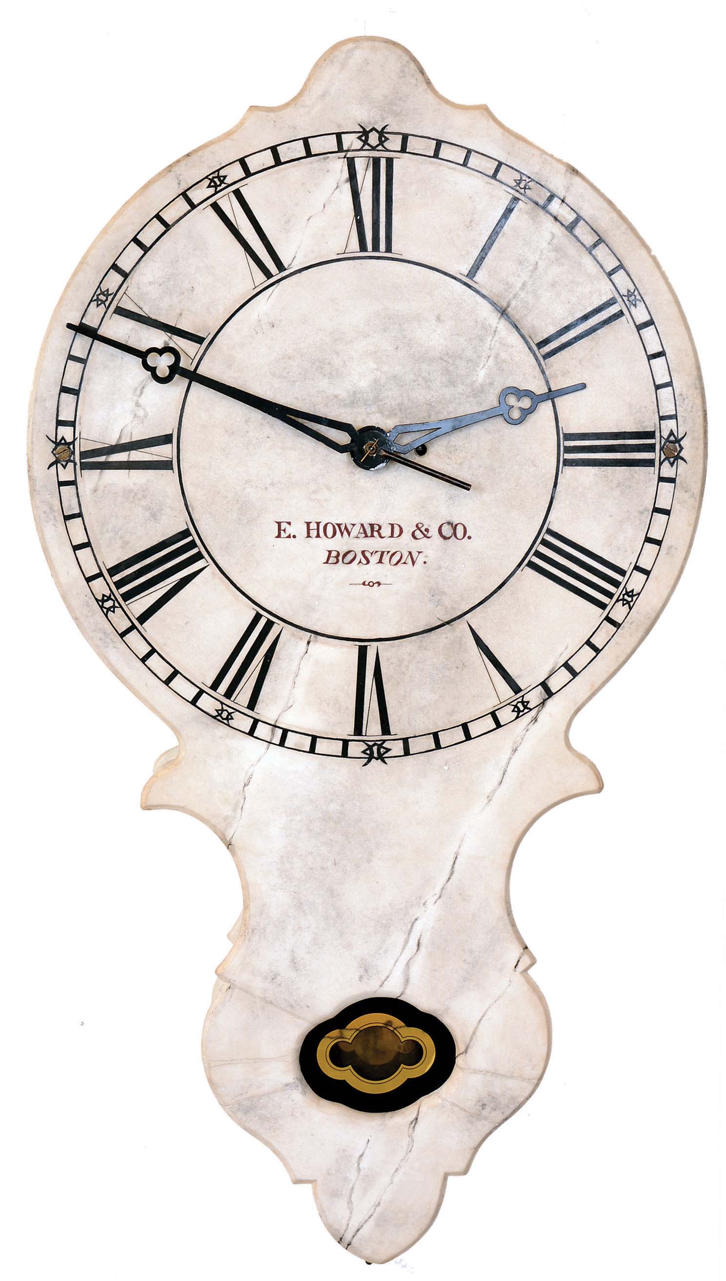 E. Howard &amp; Co., Boston, Mass., "Model No. 17" marble front wall clock, Roman numeral dial, and the lower section with orifice containing reverse gold leafed glass showing pendulum bob. And with counter-balanced wheel work to compensate for large hands, F/S regulation nut at top center of case. — Antique Clocks Price Guide