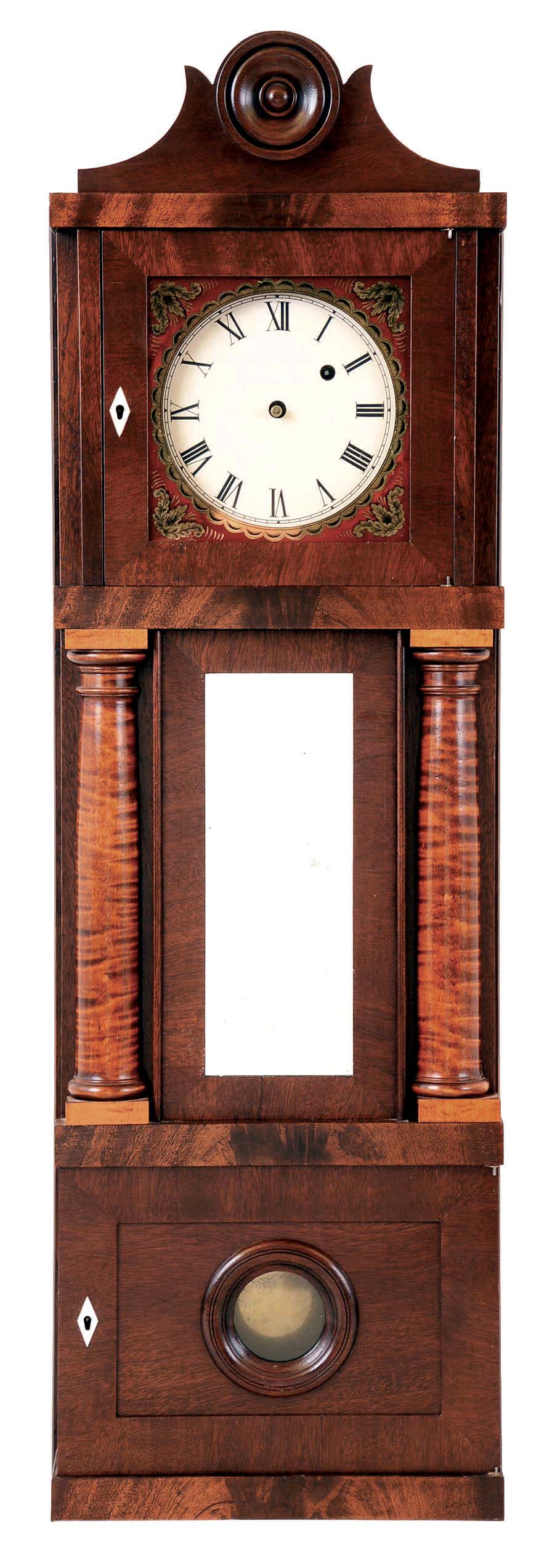 Hanging reproduction "coffin" clock with tiger maple columns and period 8 day weight-driven banjo clock movement, attributed to Frazer Forgie, Fryeburg, Maine. — Antique Clocks Price Guide