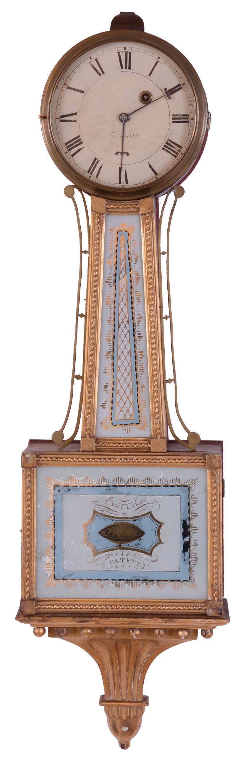 David Williams, Newport, Rhode Island, attribution, 8 day, weight brass movement Patent or banjo wall timepiece. These A-frame movements are generally associated with Williams, but this example is stamped "Griswold" and a signed dial of the same name. We did not find any Griswolds working in Rhode Island. The closest we came to was a Jeremiah Griswold working in Salem, Mass. but without a first initial it is very difficult to attribute this movement to him. — Antique Clocks Price Guide