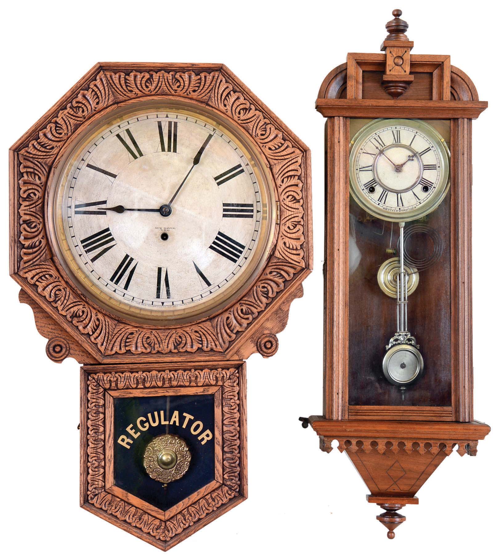 Clocks- 2 (Two) Wall 8 day: New Haven "Branford" time only oak school clock, c1911; Waterbury walnut "Prescott" time and strike, c1891 — Antique Clocks Price Guide