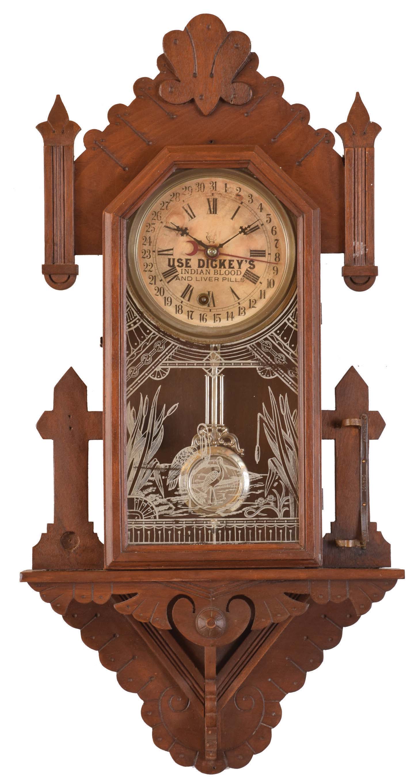 Waterbury Clock Co., Waterbury, Conn., "Union", 8 day, time and strike spring brass movement calendar wall clock. Interesting advertising dial that reads: "Use Dickey's Indian Blood and Liver Pills". — Antique Clocks Price Guide