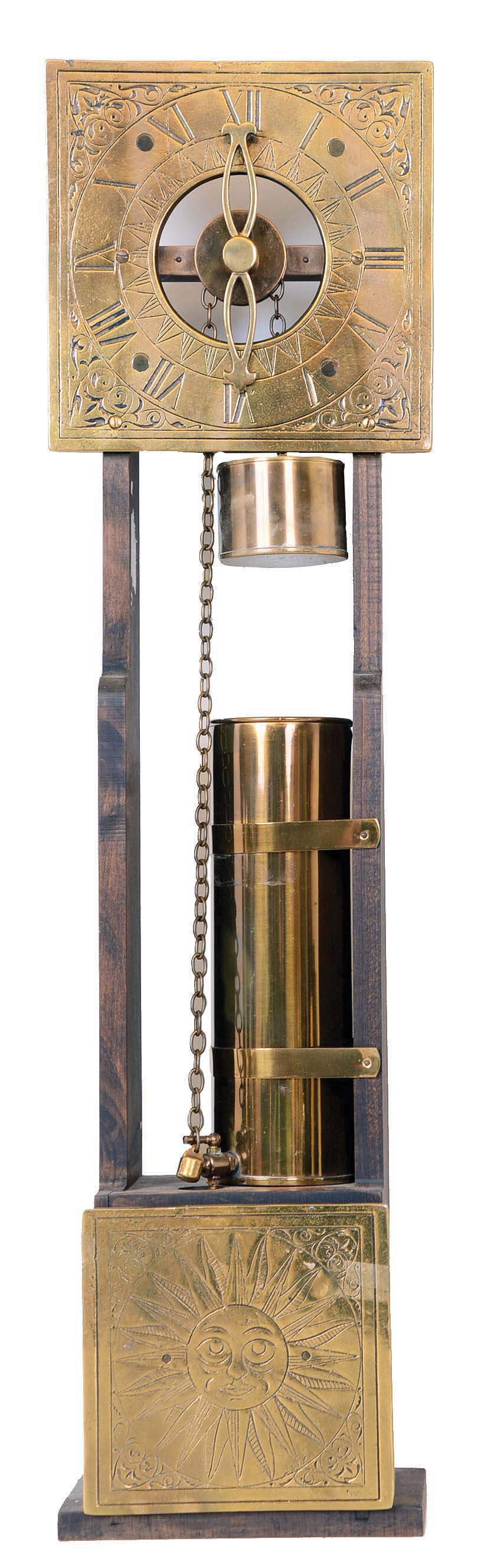 Clepsydra or water clock, ancient looking reproduction wall hanging made by Pearson, Page &amp; Co., England — Antique Clocks Price Guide