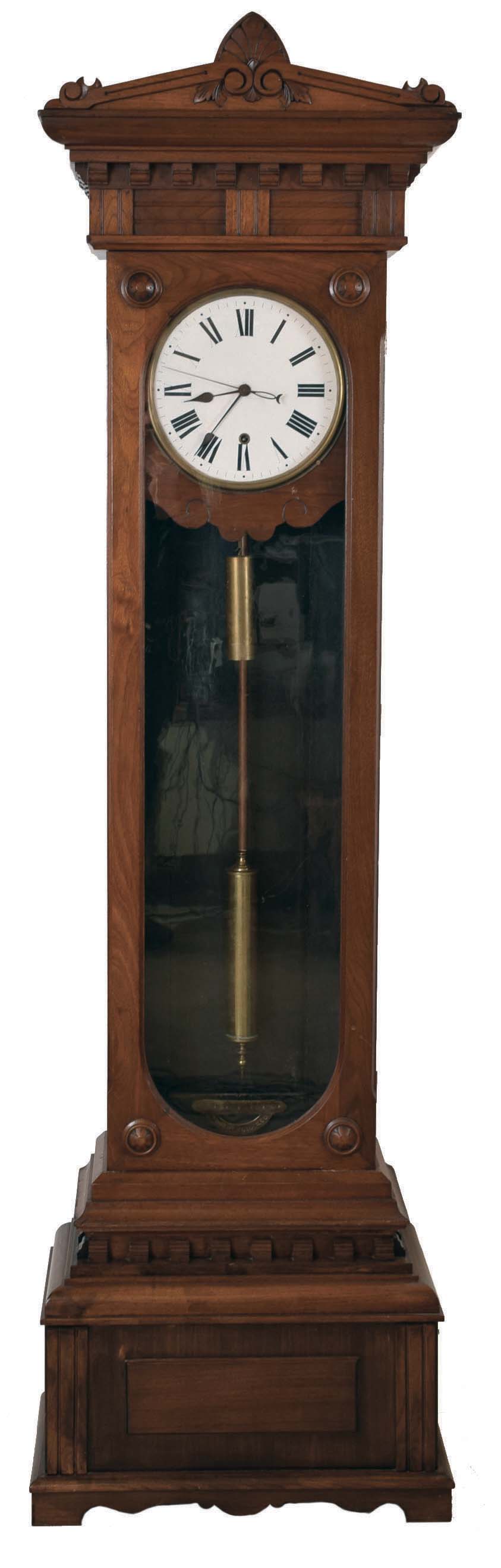 New Haven Clock Co., New Haven, Conn., "Standing Regulator No. 10", jeweler's regulator floor standing clock, 8 day, time only, brass weight driven movement with sweep seconds and Graham deadbeat escapement in a walnut case with a, white enamel dial. — Antique Clocks Price Guide