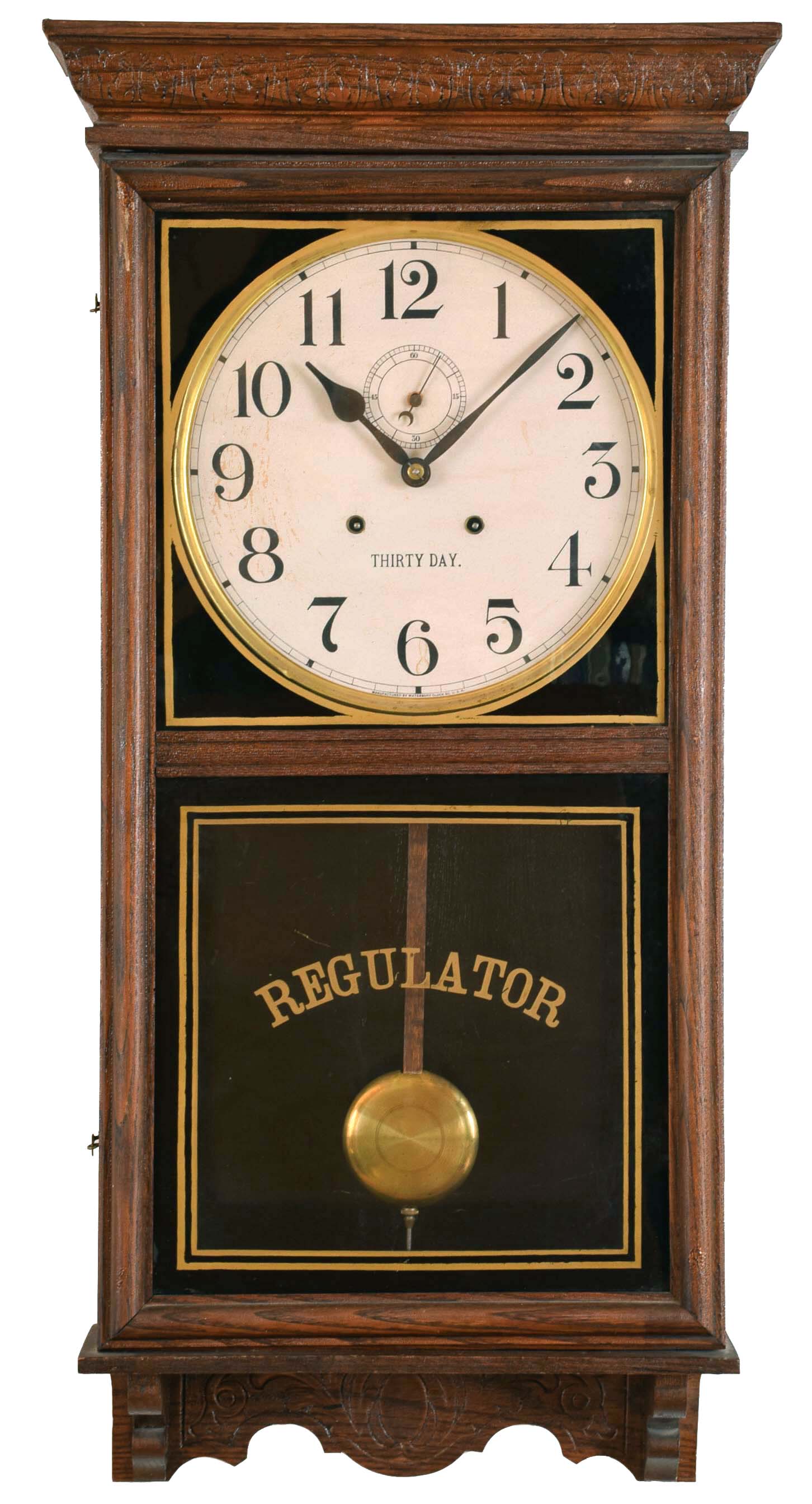 Clocks- 2 (Two) (1) Waterbury Clock Co., Waterbury, Conn., "Stork" wall hanging clock with a spring driven 30 day timepiece movement in an oak case. c1915. (2) William L. Gilbert Clock Co., Winsted, Conn., "No. 3035" wall hanging clock with a spring driven 8 day time and strike movement in an oak case. c1910. — Antique Clocks Price Guide