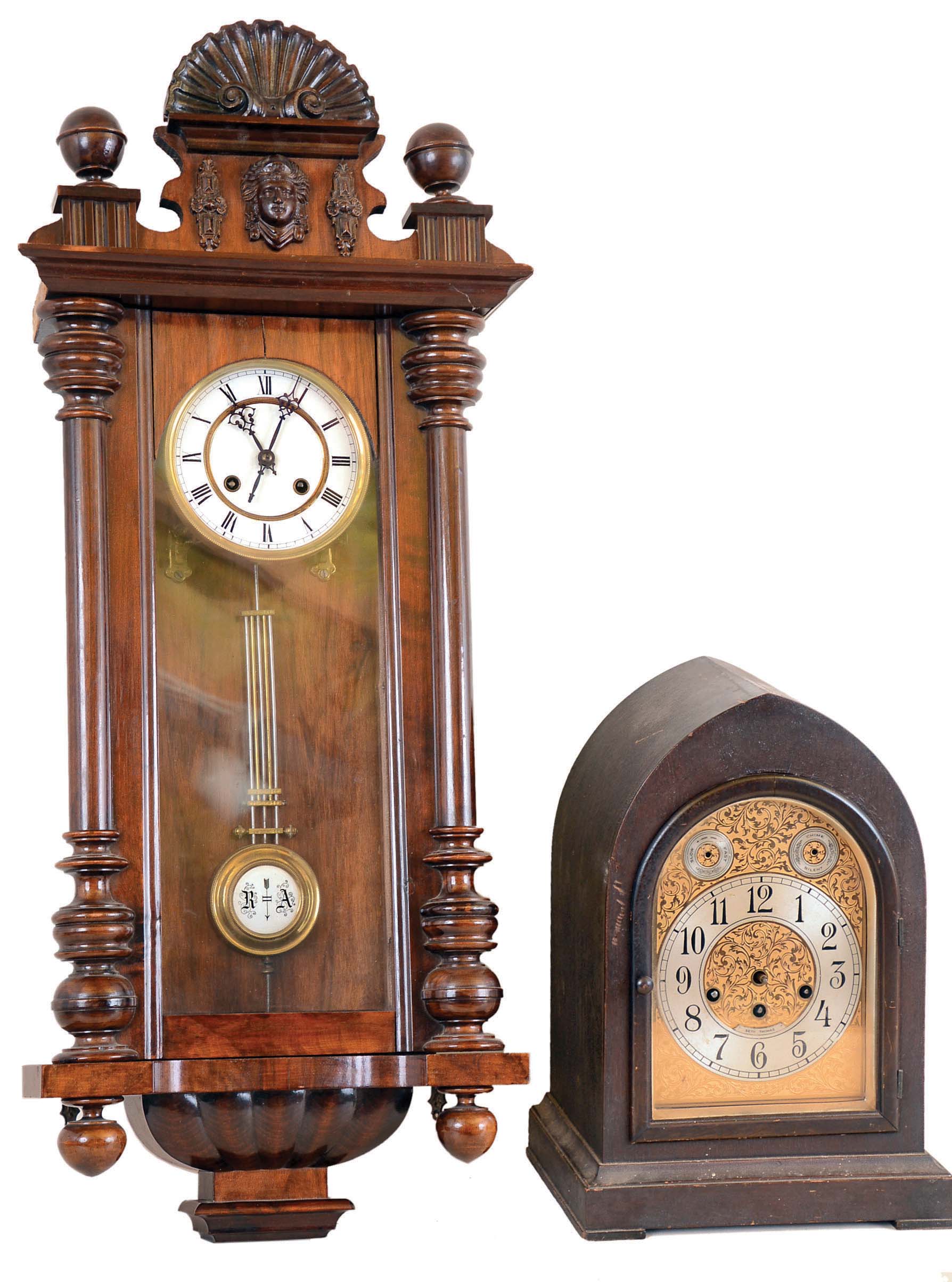Clocks- 2 (Two) 8 day: Seth Thomas Westminster "Chime Clock No. 72" bracket clock and a German R/A time and strike wall clock; early 20th century — Antique Clocks Price Guide