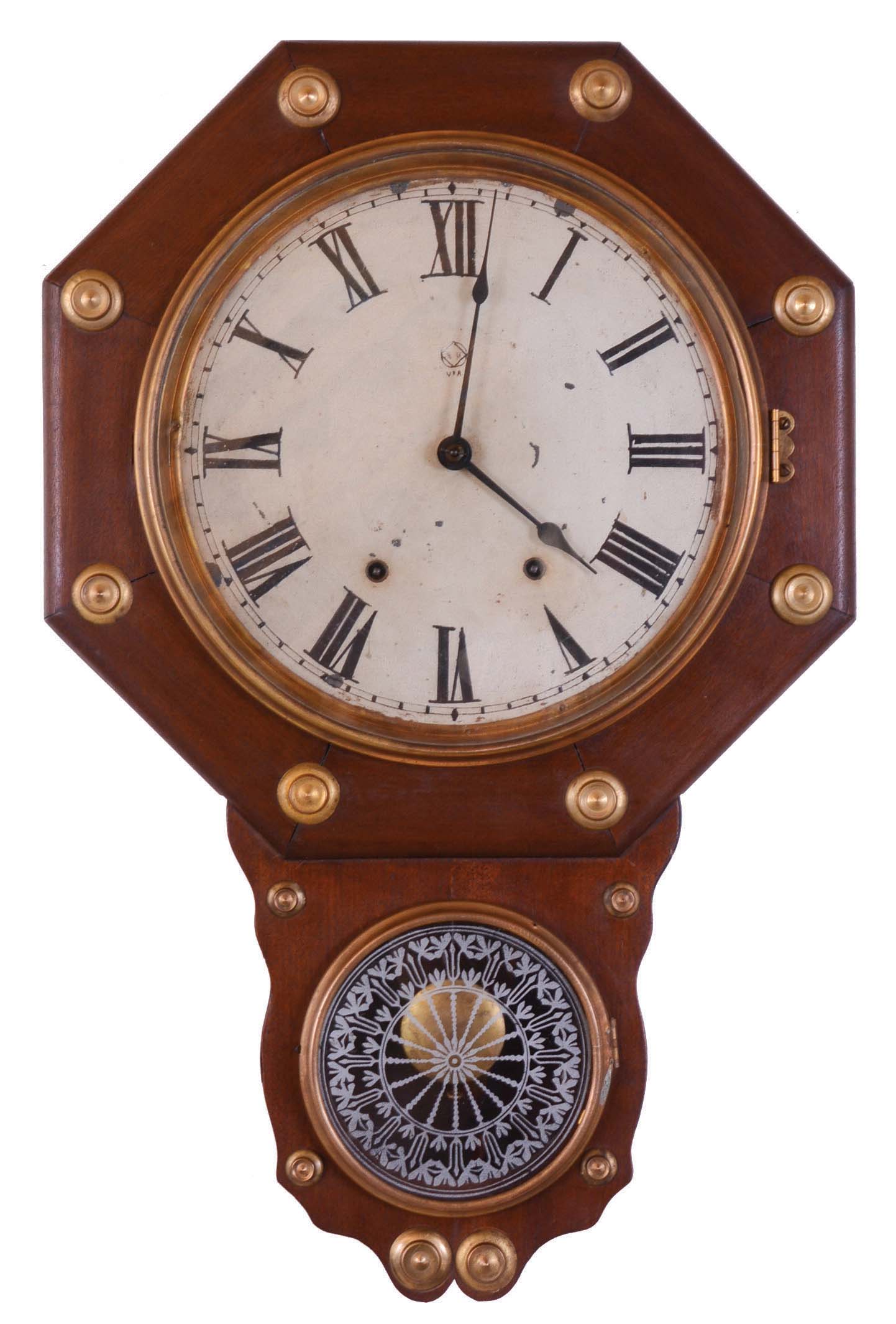 Clocks- 2 (Two): (1) Seth Thomas Clock Co, Thomaston, Conn., "Office No. 2", 8 day, time and strike spring brass movement wall clock. c1884 (2) E. Ingraham &amp; Co., "Ionic", 8 day, spring brass movement wall timepiece. c1911 — Antique Clocks Price Guide