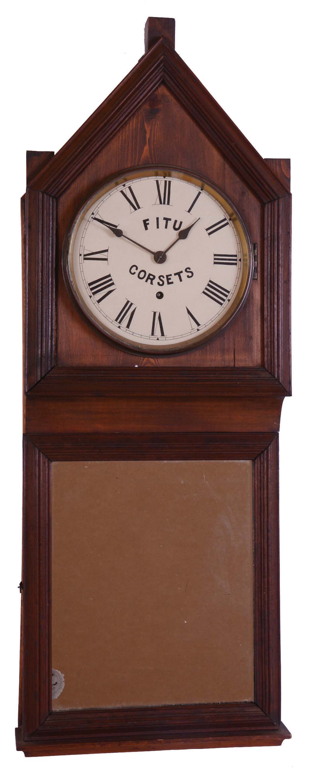 Clocks- 3 (Three): (1) Edward P. Baird &amp; Co., Plattsburgh, New York, "Vanner &amp; Prest's Molliscorium", 8 day, spring brass movement advertising timepiece. (2) Edward P. Baird &amp; Co., Plattsburgh, New York, "Beecham's Pills", 8 day, spring brass movement advertising timepiece. (3) British Advertising (Fitu Corsets) wall hanging clock with a spring driven 8 day timepiece movement in a softwood case. The movement is signed "British United Clock Co. Ltd., Birmingham, England". — Antique Clocks Price Guide