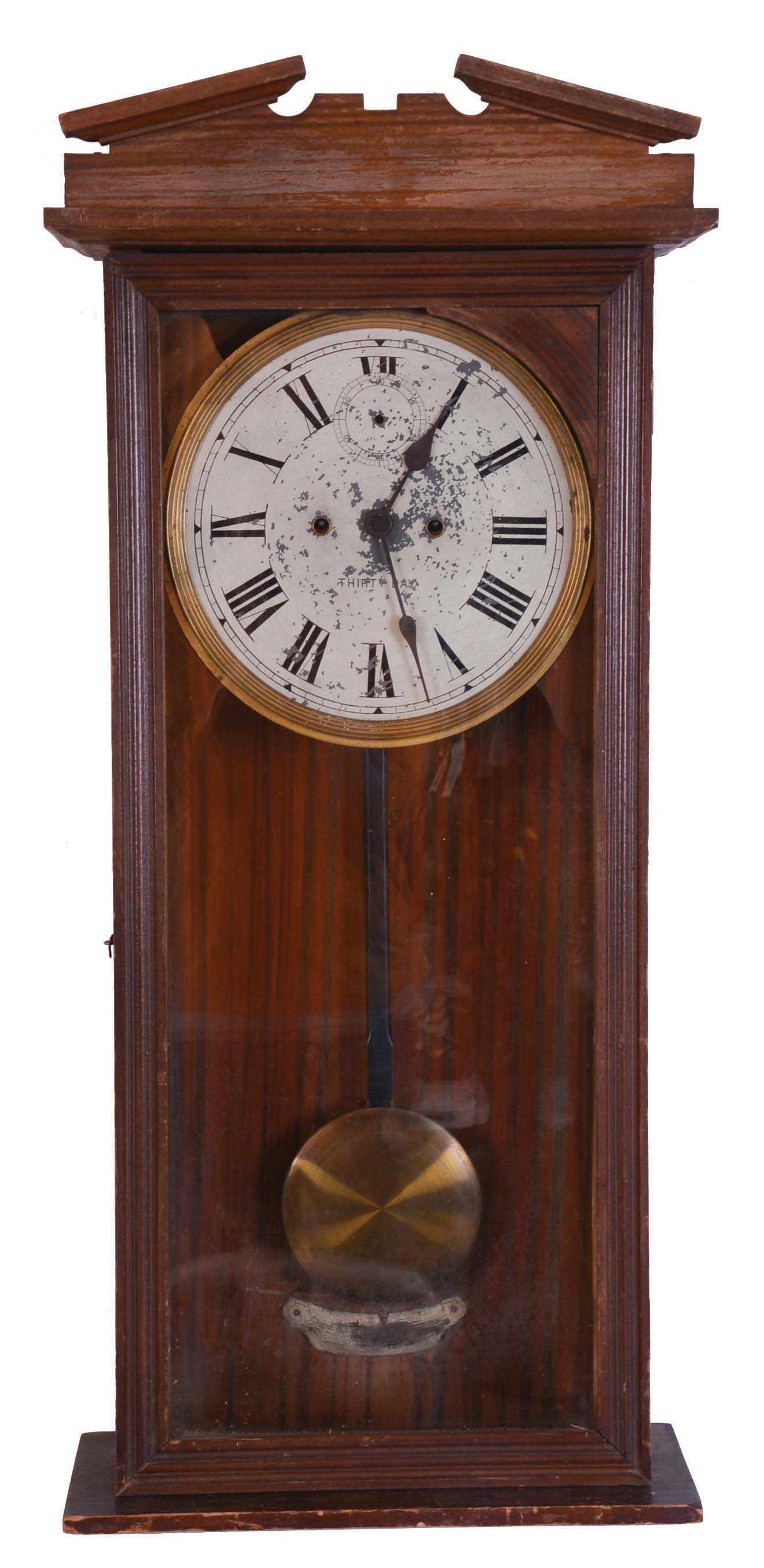 Clocks- 3 (Three): (1) New Haven Clock Co., New Haven, Conn., "Vamoose", 30 day, double wind spring brass movement wall timepiece. c1911 (2) Waterbury Clock Co., Waterbury, Conn., "Carlton", 8 day, time and strike spring brass movement wall timepiece, c1891. (3) E. Ingraham &amp; Co., Bristol, Conn., "Western Union", 8 day, spring brass movement wall timepiece. c1905 — Antique Clocks Price Guide
