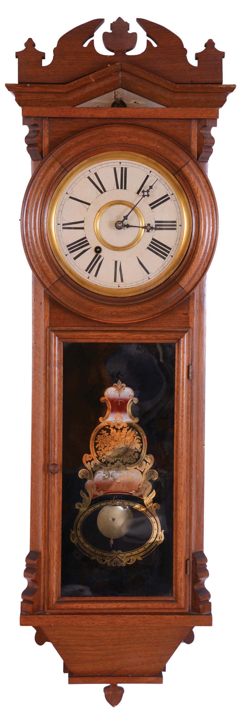 William E. Hadlock &amp; Co., Boston, Mass., 8 day, spring brass movement wall timepiece. Hadlock was a maker of chronometers and operated his business with various partners until 1915. He produced high grade spring driven movements. — Antique Clocks Price Guide