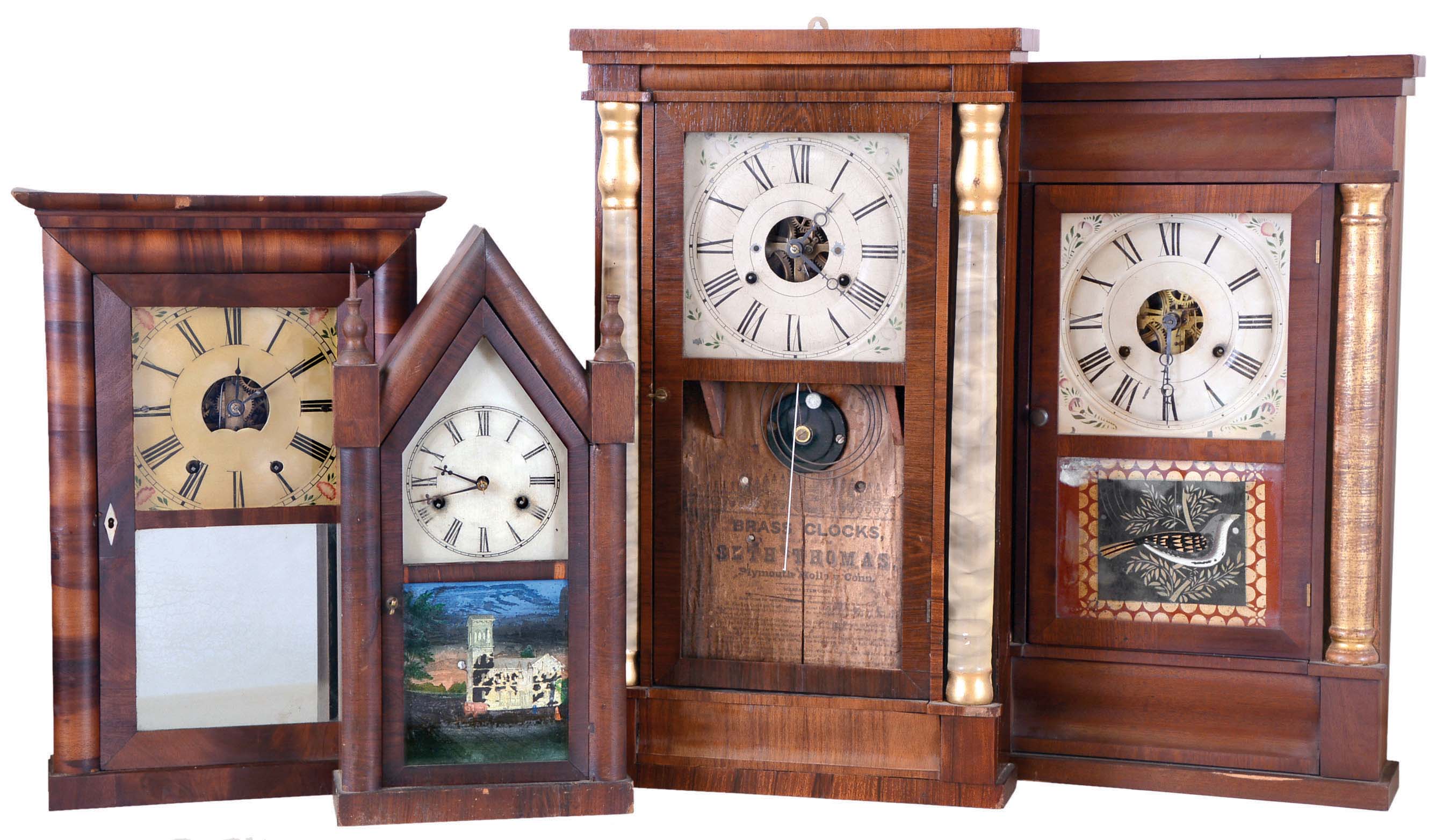 Clocks- 4 (Four): (1) E. C. Brewster, Bristol, Conn., 30 hour, time and strike spring brass iron back plate movement shelf clock. c1842 (2) Atkins Clock Co., Bristol, Conn., 30 hour, time and strike spring brass movement sharp Gothic or steeple clock. c1879 (3) Seth Thomas, Plymouth Hollow, Conn., 30 hours time and strike weight brass movement column clock. c1860 (4) Seth Thomas, Plymouth Hollow, Conn., 30 hour, time and strike weight brass movement column clock. c1860 — Antique Clocks Price Guide