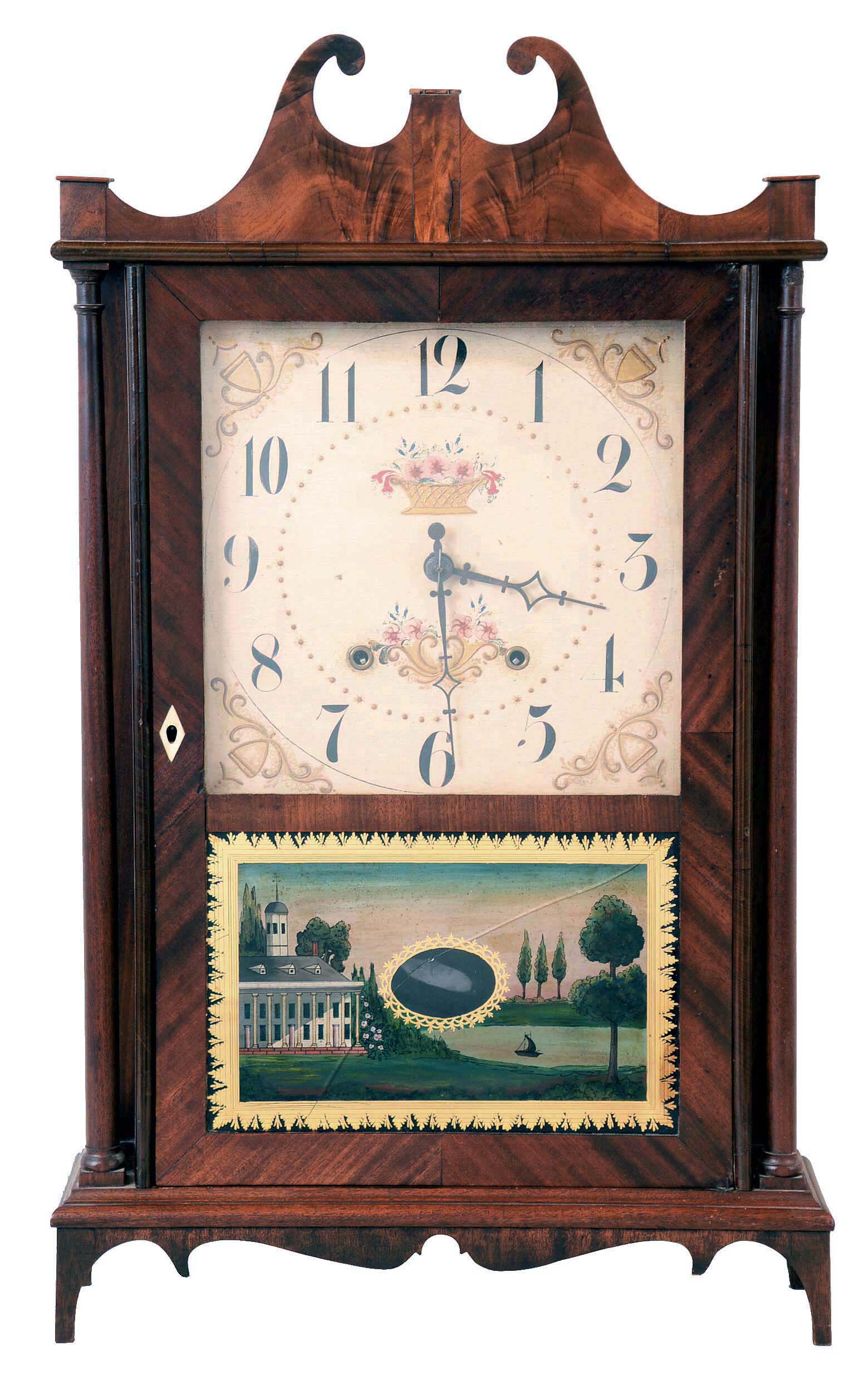 Eli Terry, Plymouth Hollow, Conn., 30 hour, time and strike weight wood movement pillar &amp; scroll shelf clock with alterations. — Antique Clocks Price Guide