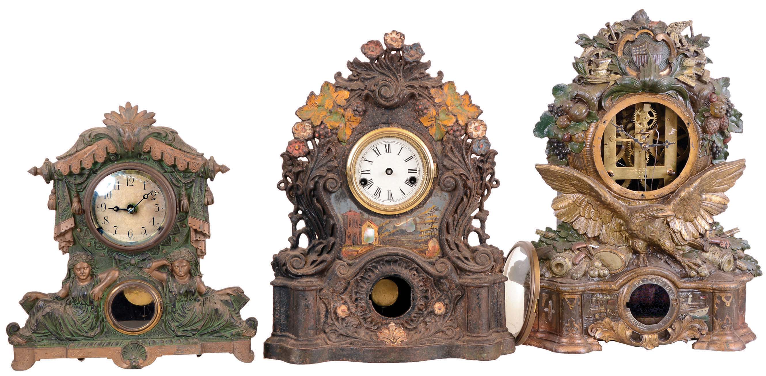 Clocks- 3 (Three) Metal Front Mantel: one painted iron front by F. S. Otis, Forestville, CT; two spelter front by Nicholas Muller (No. 163 "Study" and No. 54 "Eagle") , New York, NY. 8 day time and strike movements; c1870 — Antique Clocks Price Guide
