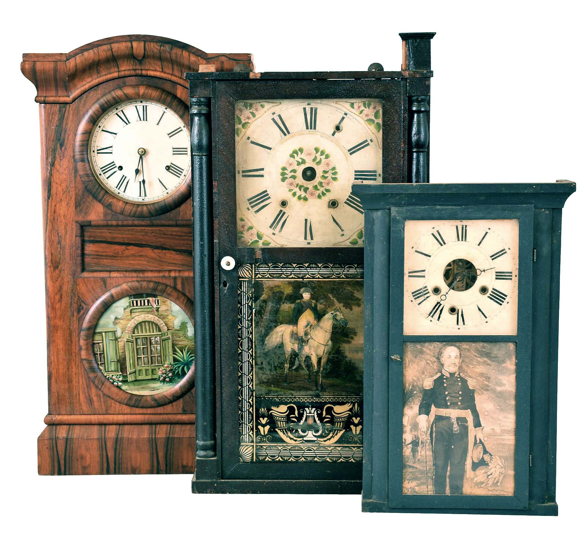 Clocks- 3 (Three) American shelf clocks: (1) Atkins &amp; Downs, Bristol, Conn., 30 hour wooden movement with original Napoleon tablet, c1830. (2) Atkins, Porter &amp; Co., Bristol, Conn., 30 hour weight-driven shelf clock in small cornice top case, c1845. (3) Seth Thomas Clock Co, Thomaston, Conn., 8 day weight-driven "Parlor Calendar No. 1 (missing calendar mechanism) , c1863. — Antique Clocks Price Guide