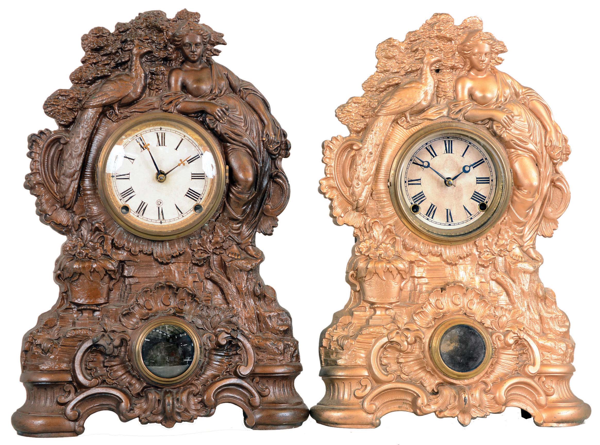 Clocks- 2 (Two) cast spelter-front by Nicholas Muller, New York, No. 51 model with figural "Juno" (large) cases with 8 day time and strike Connecticut movements. — Antique Clocks Price Guide