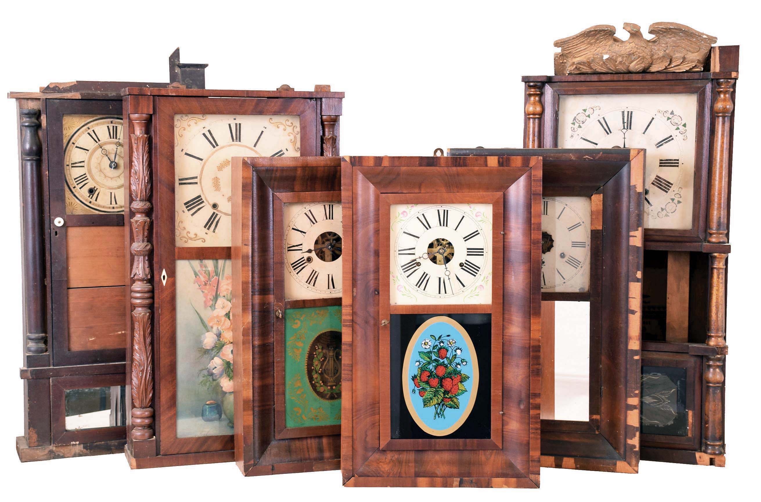 Clocks- 6 (Six) 6 American shelf: (1) Unknown, 30 hour wood shelf clock attributed to Smith, Blakesley &amp; Co., Bristol, Conn., c1845. (2) George Marsh, Winchester, Conn., 30 hour OG with very nice Wm. B. Fenn tablet, c1850. (3) Jerome &amp; Co, New Haven, Conn., OOG, c1870. (4) George Marsh, Winchester, Conn., 30 hour OG, c1850. (5) Seymour, Williams &amp; Porter, Farmington, Conn., 30 hour wooden movement shelf clock in carved column &amp; splat case, c1830. (6) Elisha Manross, Bristol, Conn., 8 day Empire triple decker shelf clock c1850. — Antique Clocks Price Guide