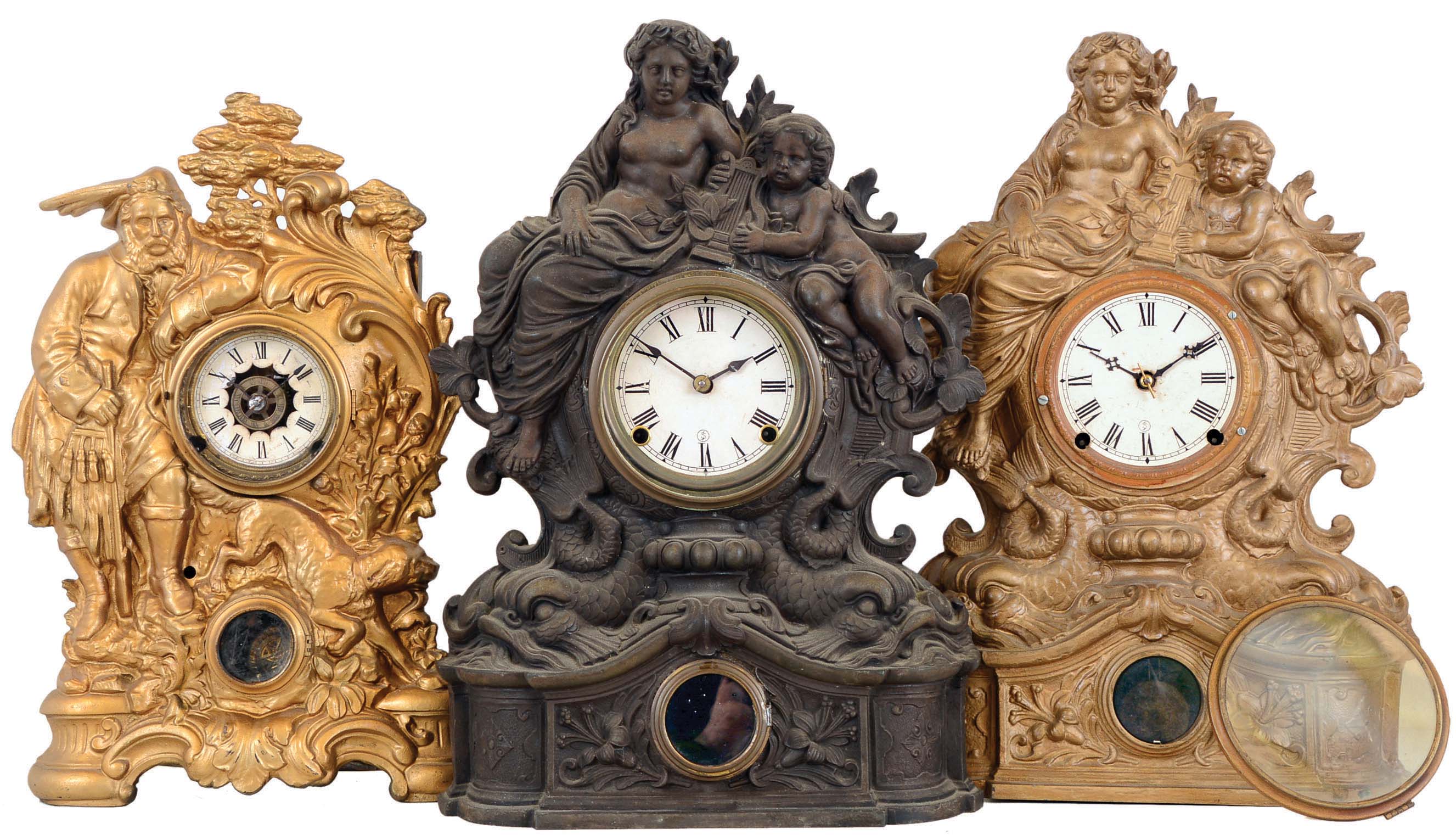 Clocks- 3 (Three) spelter-front shelf 8 day time and strike with Nicholas Muller case fronts: two are No. 61 "Dolphin"; other is Highlander (no number) with Terhune label; Connecticut movements; c1865 — Antique Clocks Price Guide