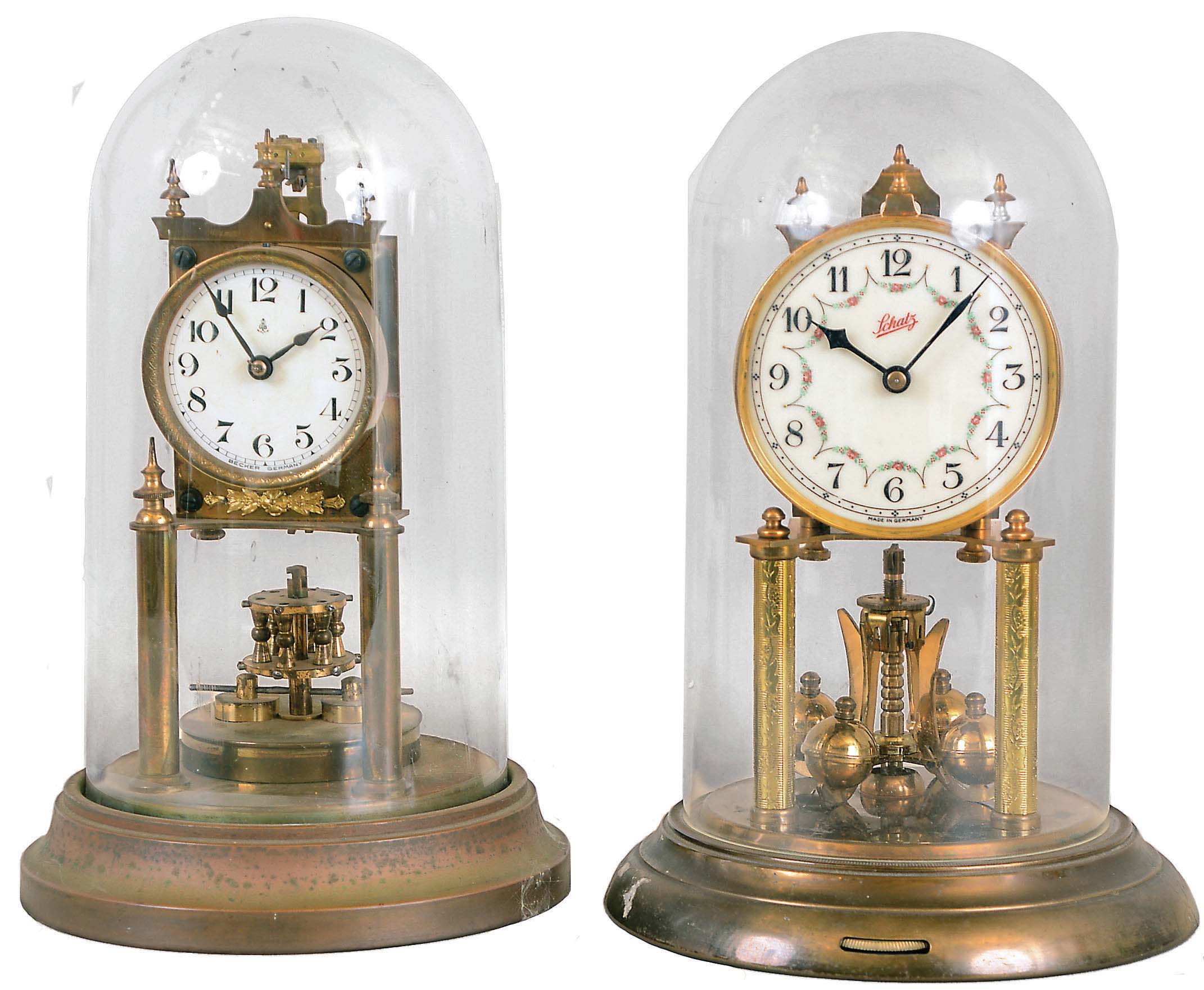 Clocks- 2 (Two) German 400 day Anniversary: Schatz with 4 balls and plastic dome, c1950; earlier Becker with disk pendulum and glass dome, c1900 — Antique Clocks Price Guide