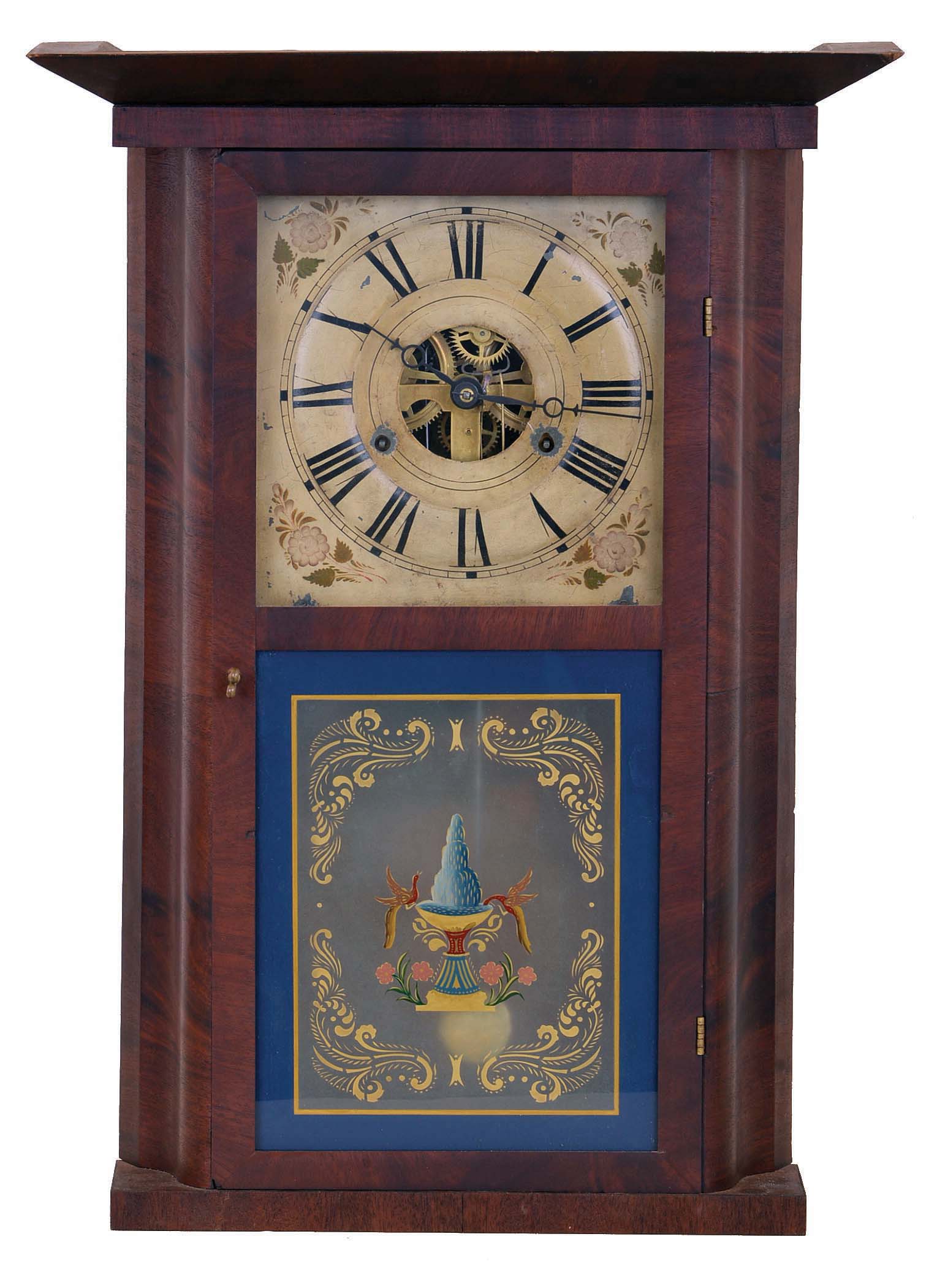 William S. Johnson, No. 16 Cortland St., New York City. 30 hour brass movement in cornice top, deep OG sides, wide cornice top shelf clock. — Antique Clocks Price Guide